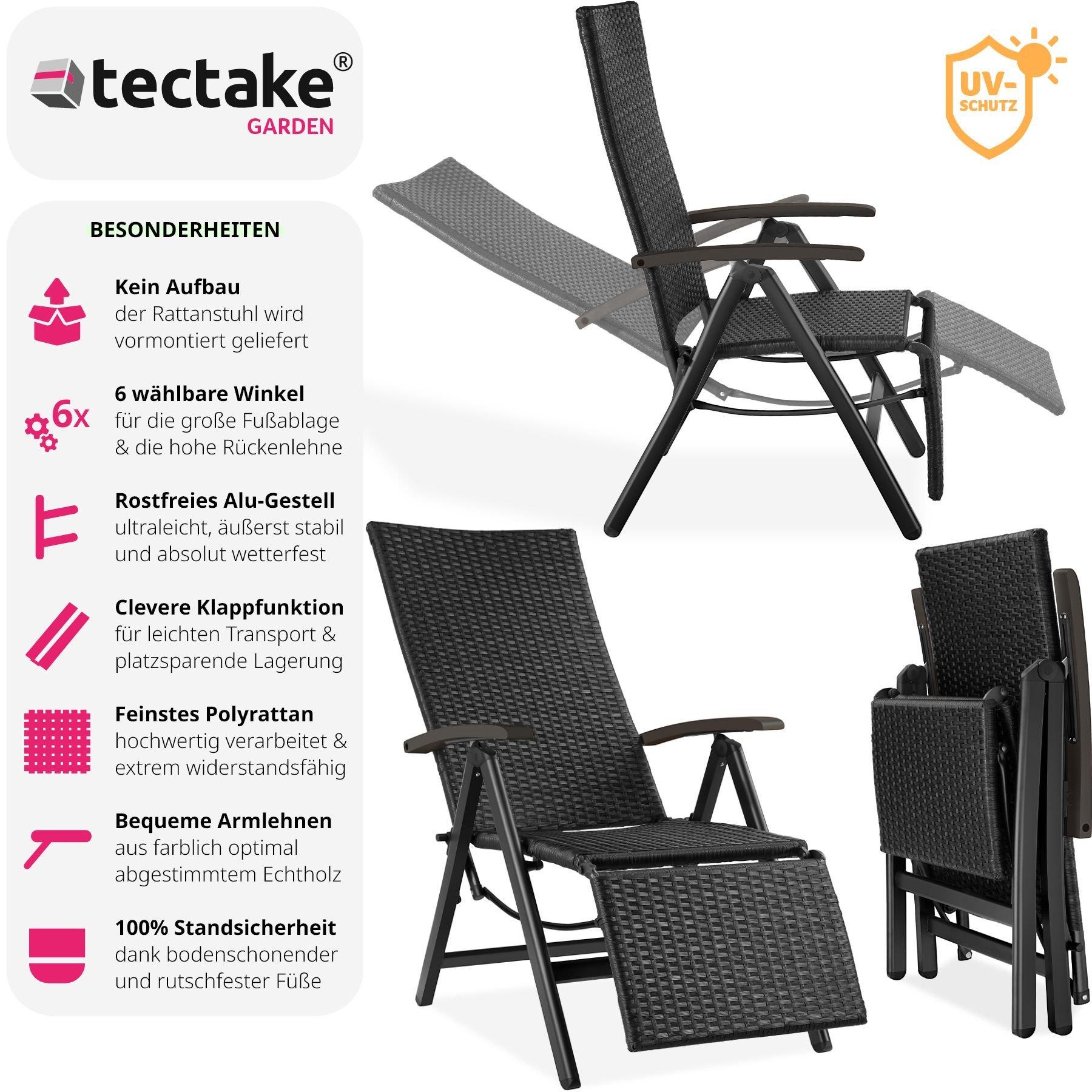 Tectake Rattanstuhl Brisbane klappbar mit Aluminiumgestell und Fussablage