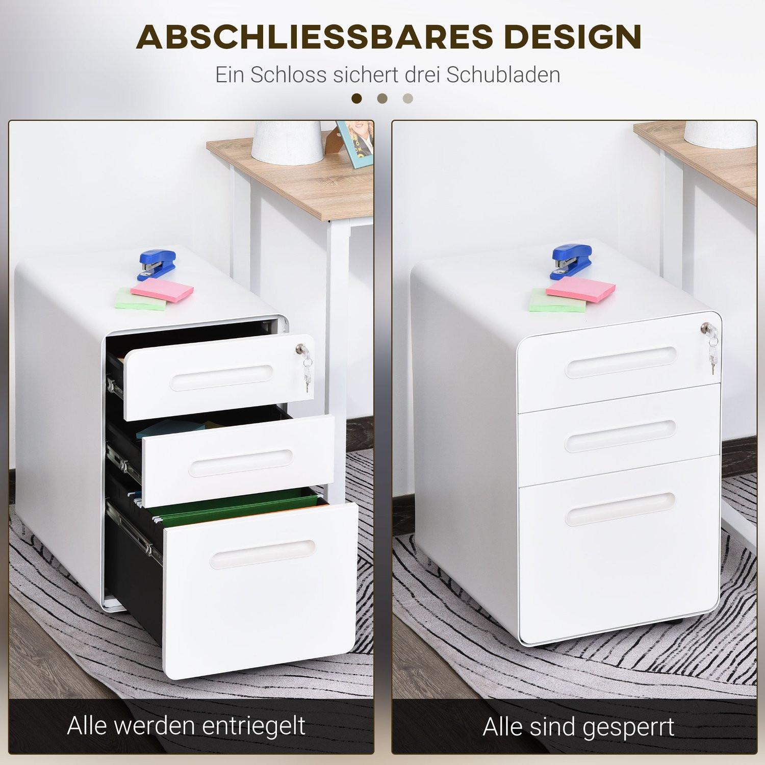 Northio Rollcontainer Aktenschrank Bürocontainer mit 3 Schubladen, Stahl, Weiß, 39x48x59cm
