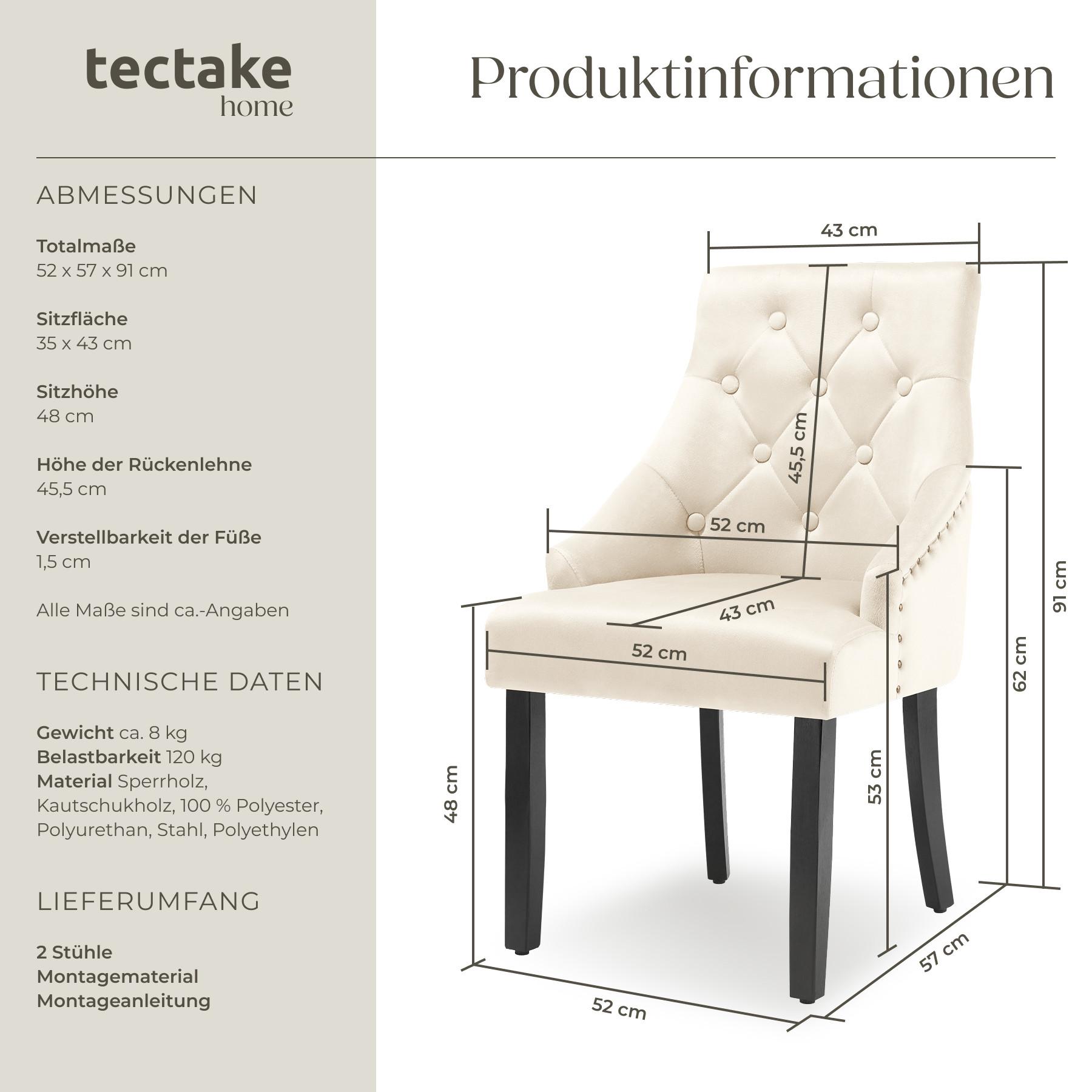 Tectake Esszimmerstuhl gepolstert, in Samtoptik, mit seitlichen Zierknöpfen grosse Rückenlehne, gesteppt