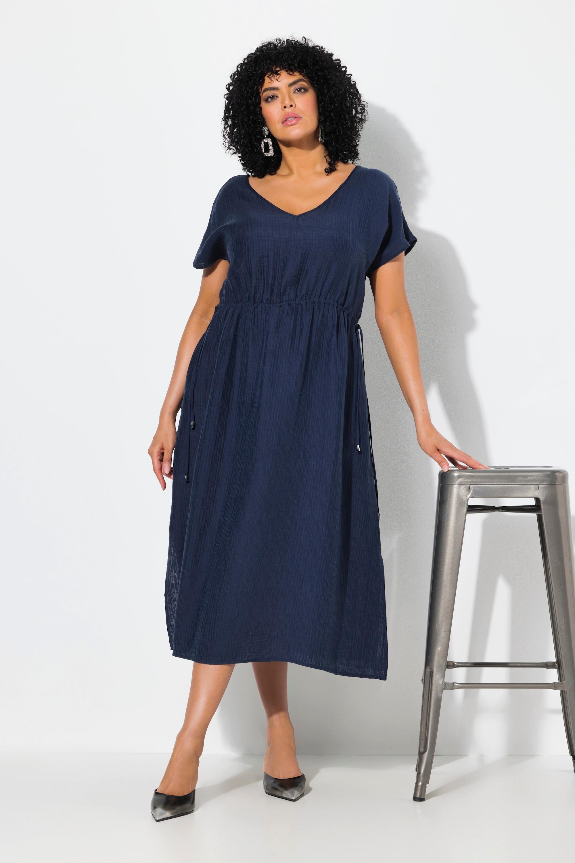 Ulla Popken Maxikleid Tunnelzug V-Ausschnitt Ärmellos