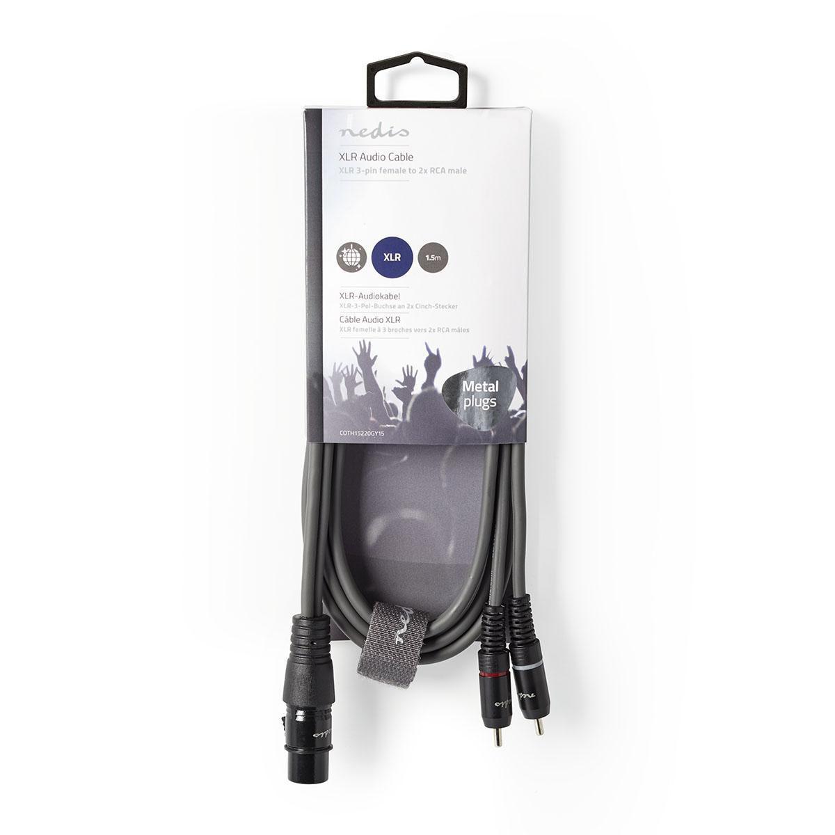 Nedis Symmetrisches Audiokabel | XLR 3-polige Buchse | 2x RCA-Stecker | Vernickelt | 1,50 m | Rund | PVC | Dunkelgrau | Papphülle