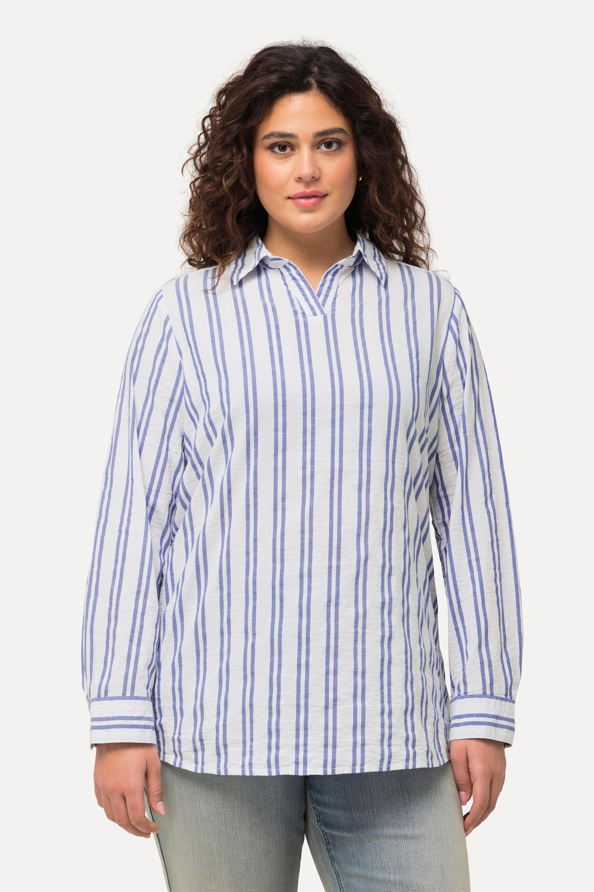 Ulla Popken Gestreifte Tunika mit Hemdkragen und V-Ausschnitt