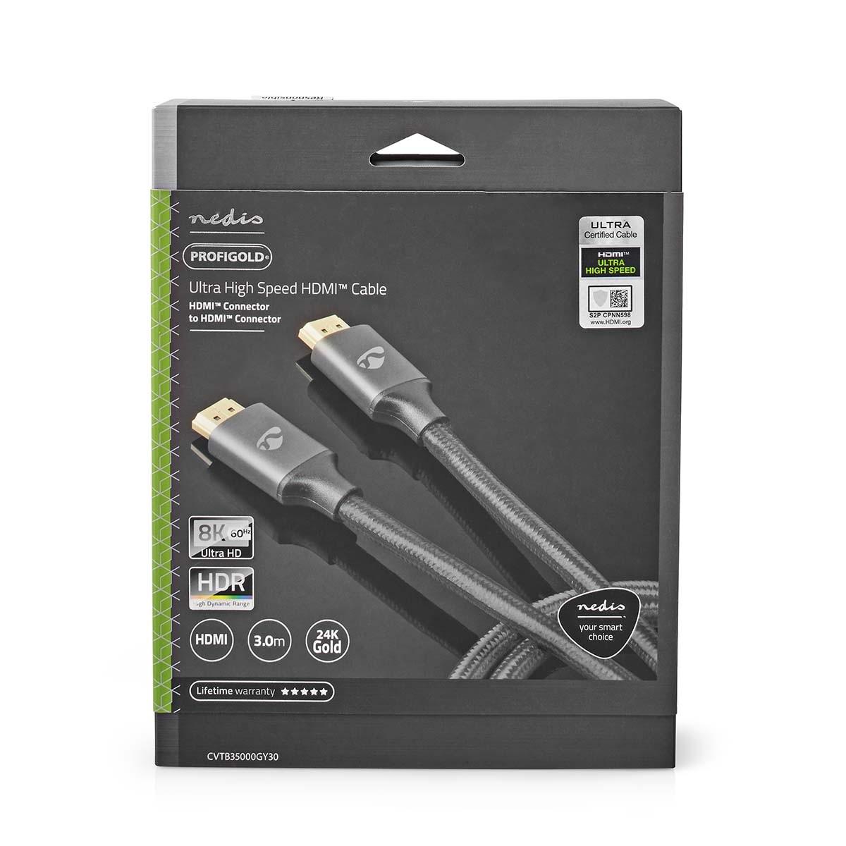 Nedis Ultra High Speed HDMI™ Kabel | HDMI™ Stecker | HDMI™ Stecker | 8K@60Hz | 48 Gbps | 3,00 m | Rund | 6,7 mm | Grau mit Metall | Schlösser