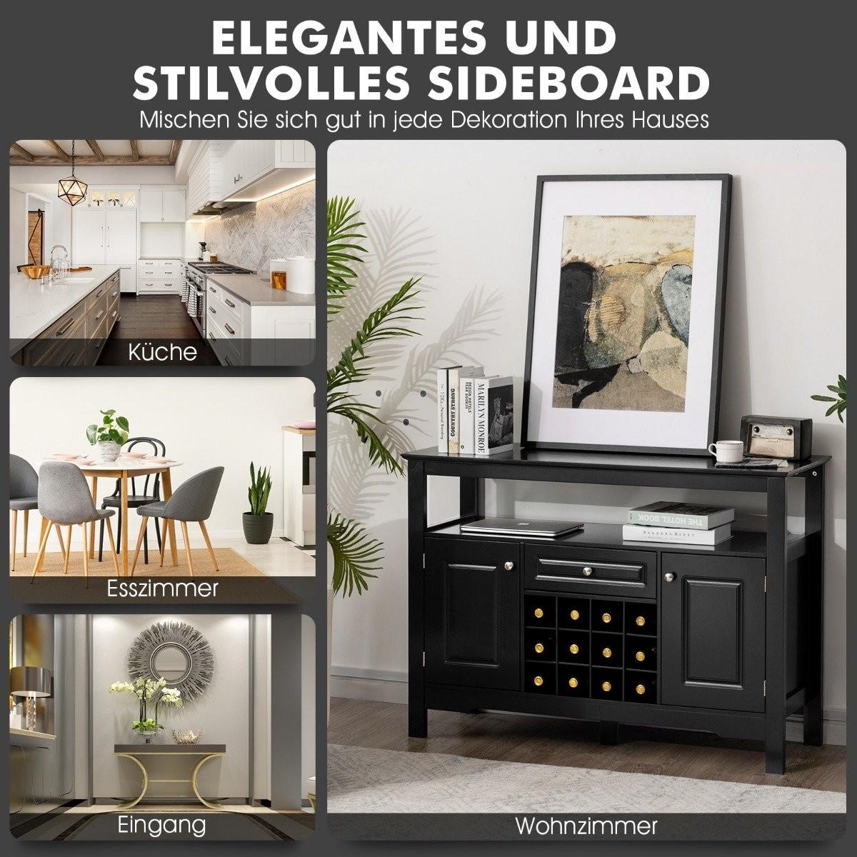B2X Modernes Esszimmerbuffet mit Weinregal und Schränken & Schublade 117 x 40,5 x 82,5 cm Schwarz