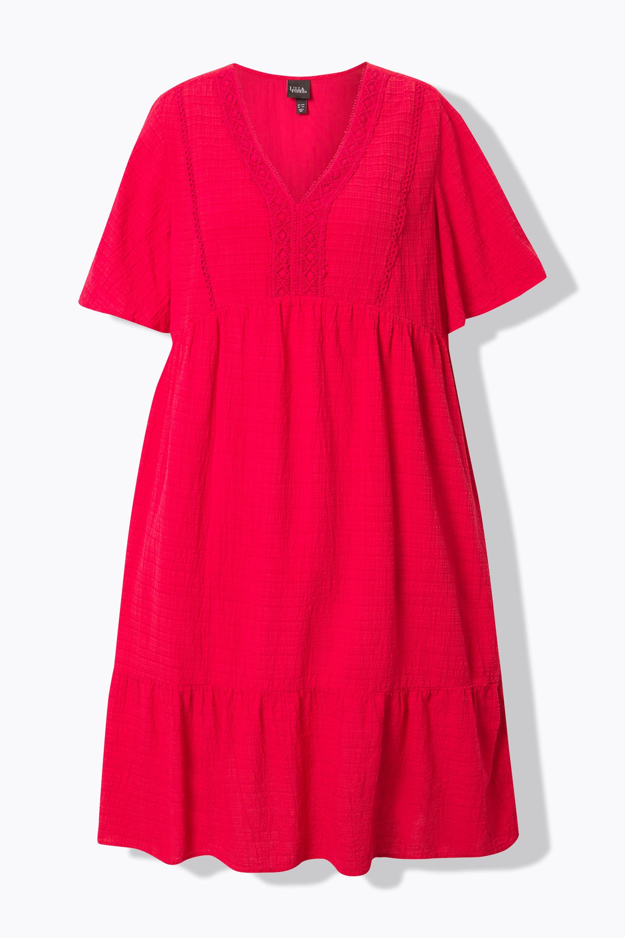 Ulla Popken Midikleid Seersucker A-Linie V-Ausschnitt Halbarm