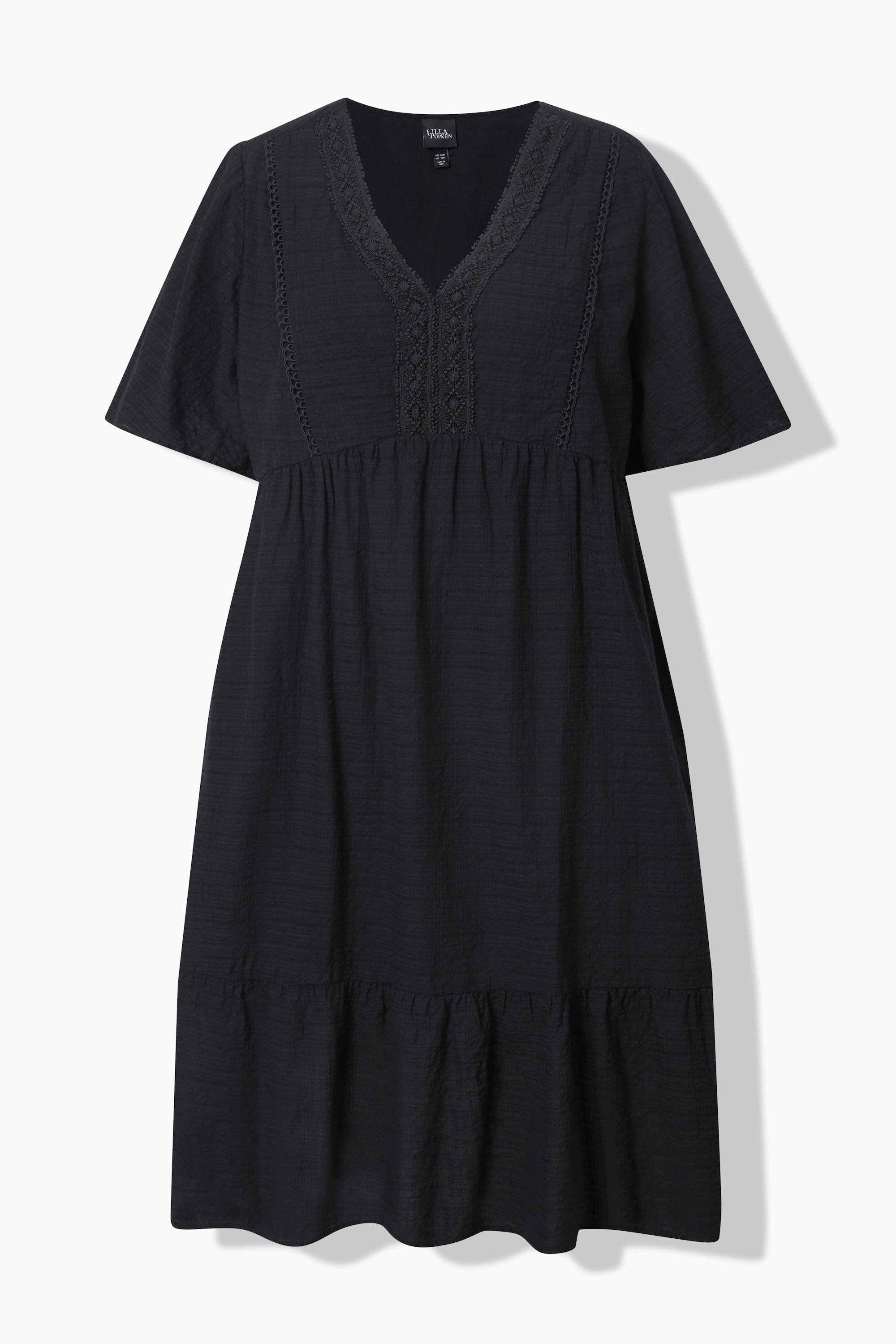 Ulla Popken Midikleid Seersucker A-Linie V-Ausschnitt Halbarm