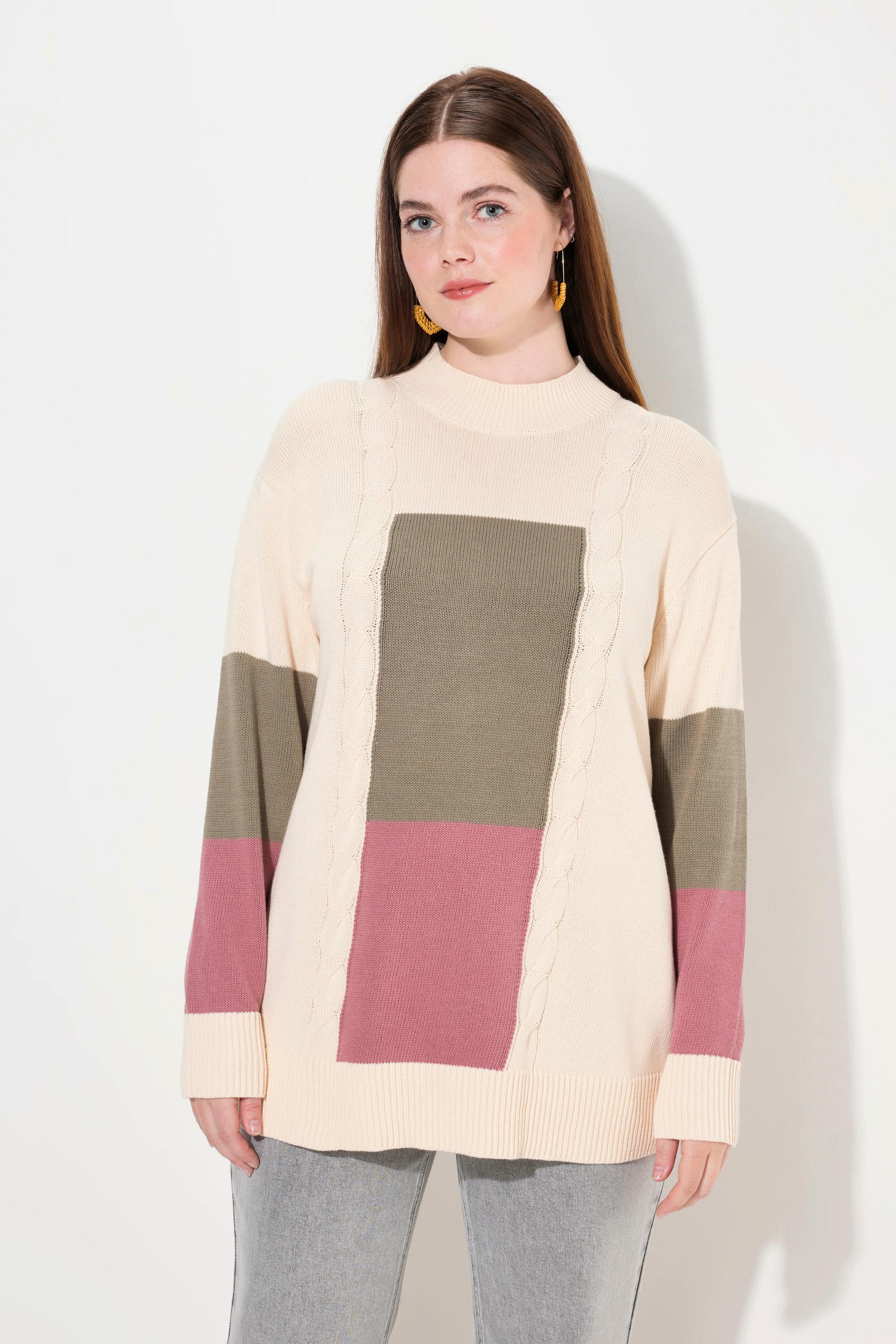Ulla Popken Pullover, Stehkragen, Langarm, Biobaumwolle perlweiß