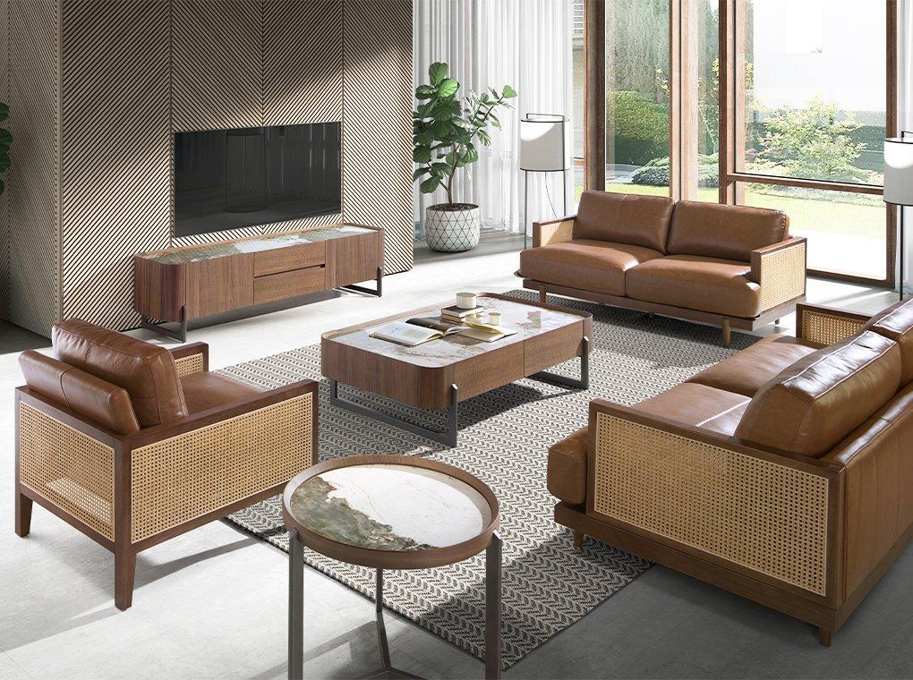 ANGEL CERDA Rechteckiger Couchtisch aus Porzellanmarmor, Nussbaum und dunklem Metallic-Stahl
