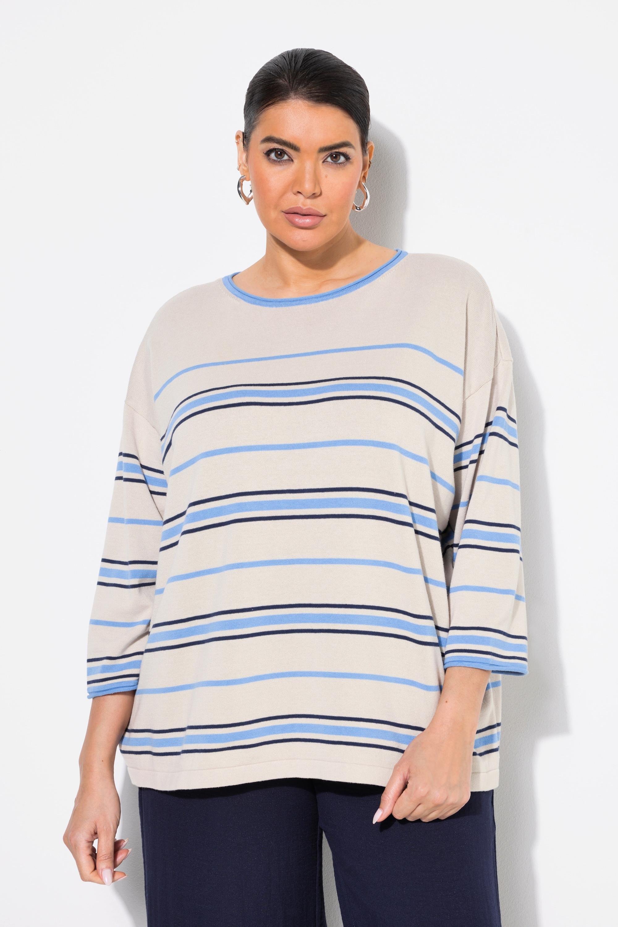 Ulla Popken Pullover, Streifen, Oversized, Rundhals, 3/4-Arm