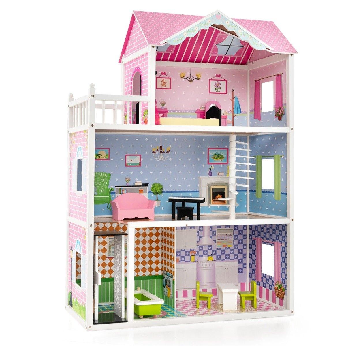 B2X Puppenhaus Holz Puppenstube mit Möbeln & Zubehör 3 stöckiges Dollhouse Spielzeug