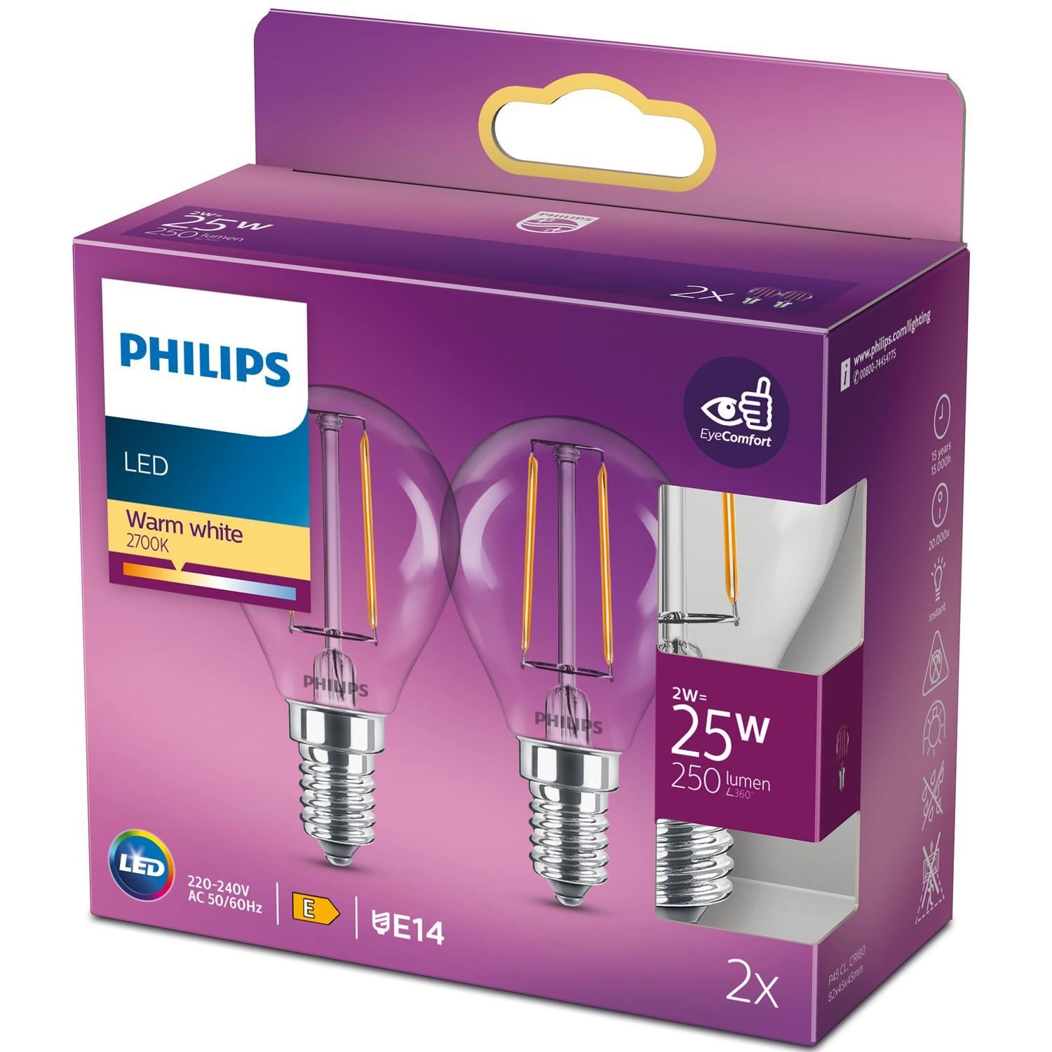PHILIPS 2er-Pack LED E14 Globe 2W (25W) Klar 250lm
