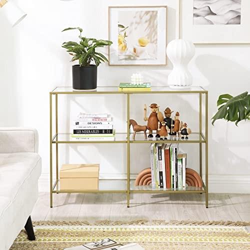 Pricenet Eleganter goldener Konsolentisch mit 3 Regalen und Glasplatten
