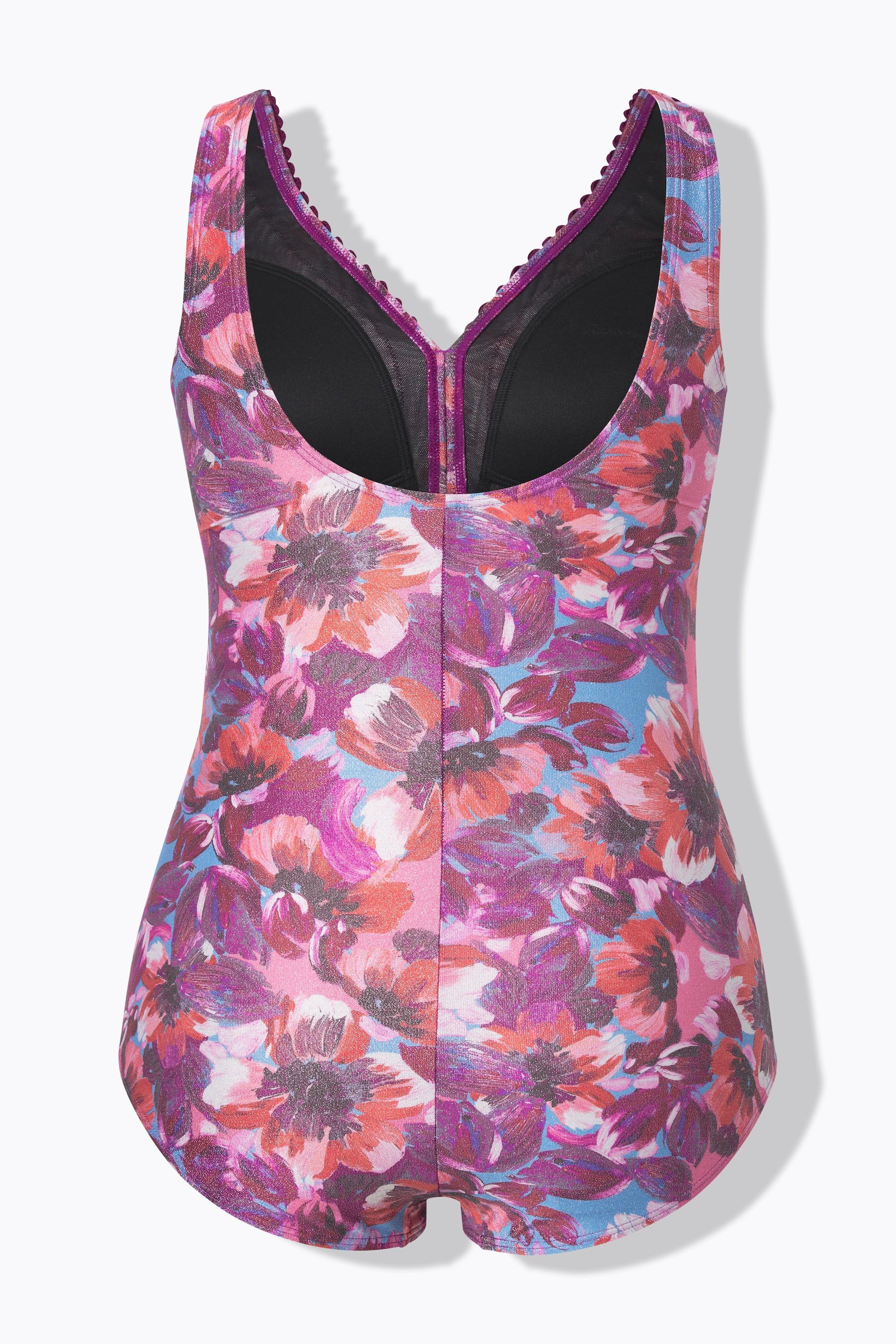 Ulla Popken Badeanzug, Glitzer-Blüten, Softcups, recycelt