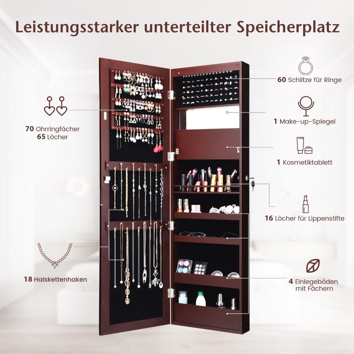 Northix Schmuckschrank mit Spiegel Kosmetikschrank mit ausgekleideten Ablagen Haken & Fächern Braun
