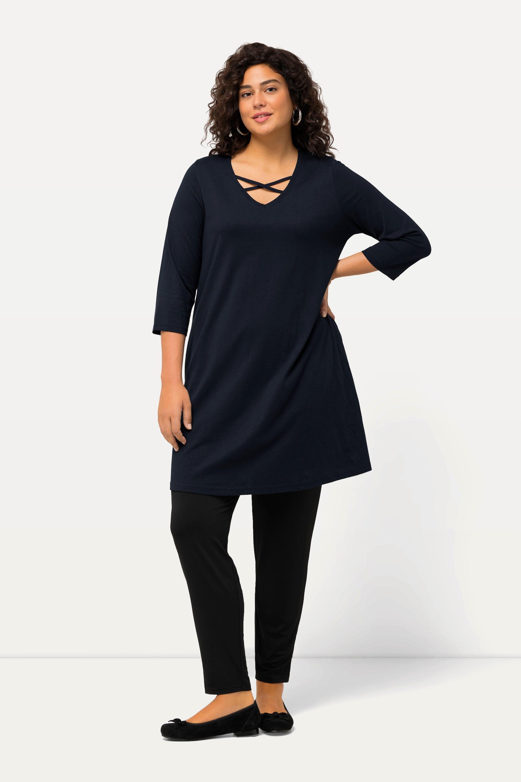 Ulla Popken Longshirt Zierbänder A-Linie V-Ausschnitt 3/4-Arm