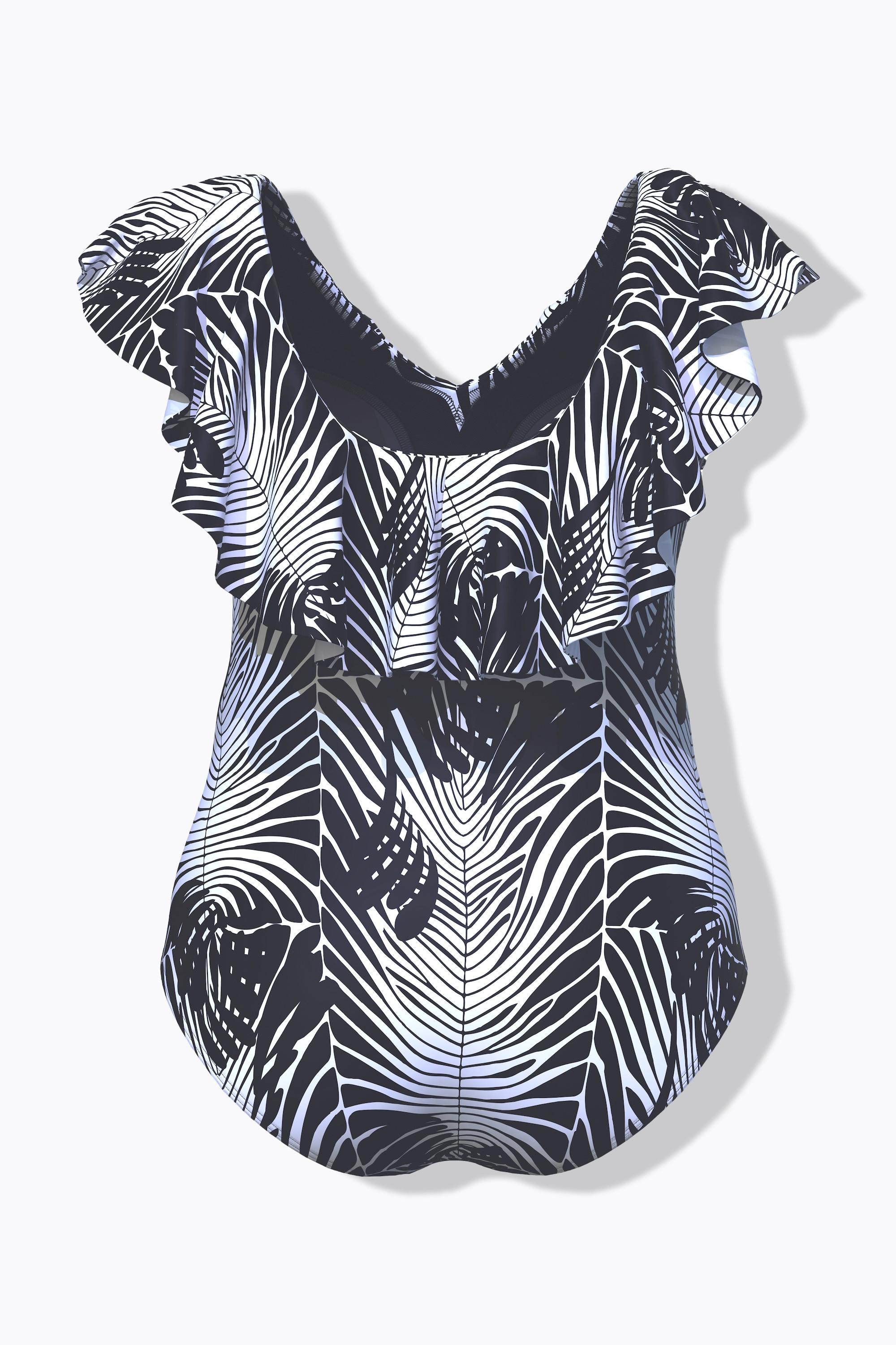 Ulla Popken Badeanzug, Schlangenmuster, Softcups, Volant, recycelt