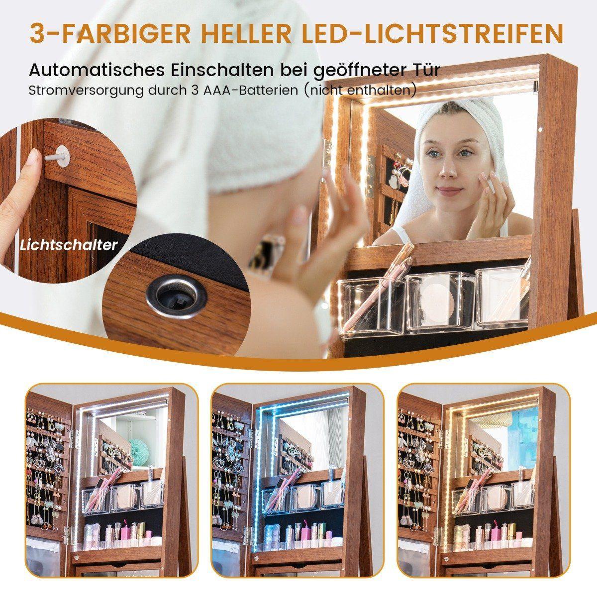 B2X 360° Drehbarer Schmuckschrank mit Dreifarbigen LED-Leuchten Freistehender Spiegelschrank Holz