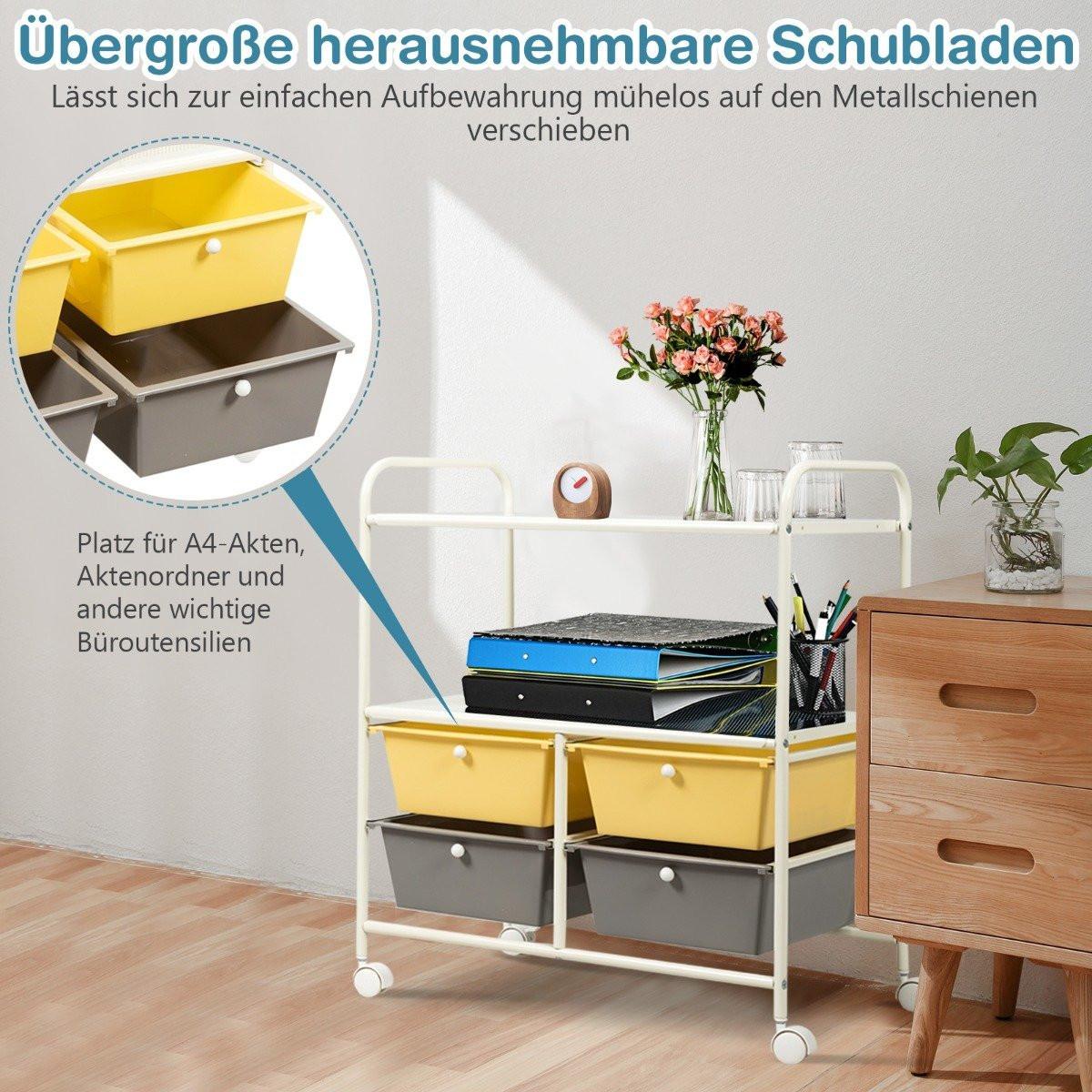 B2X Rollwagen mit 4 stapelbaren Schubladen & Metallgestell & Ablageflächen Rollcontainer Gelb