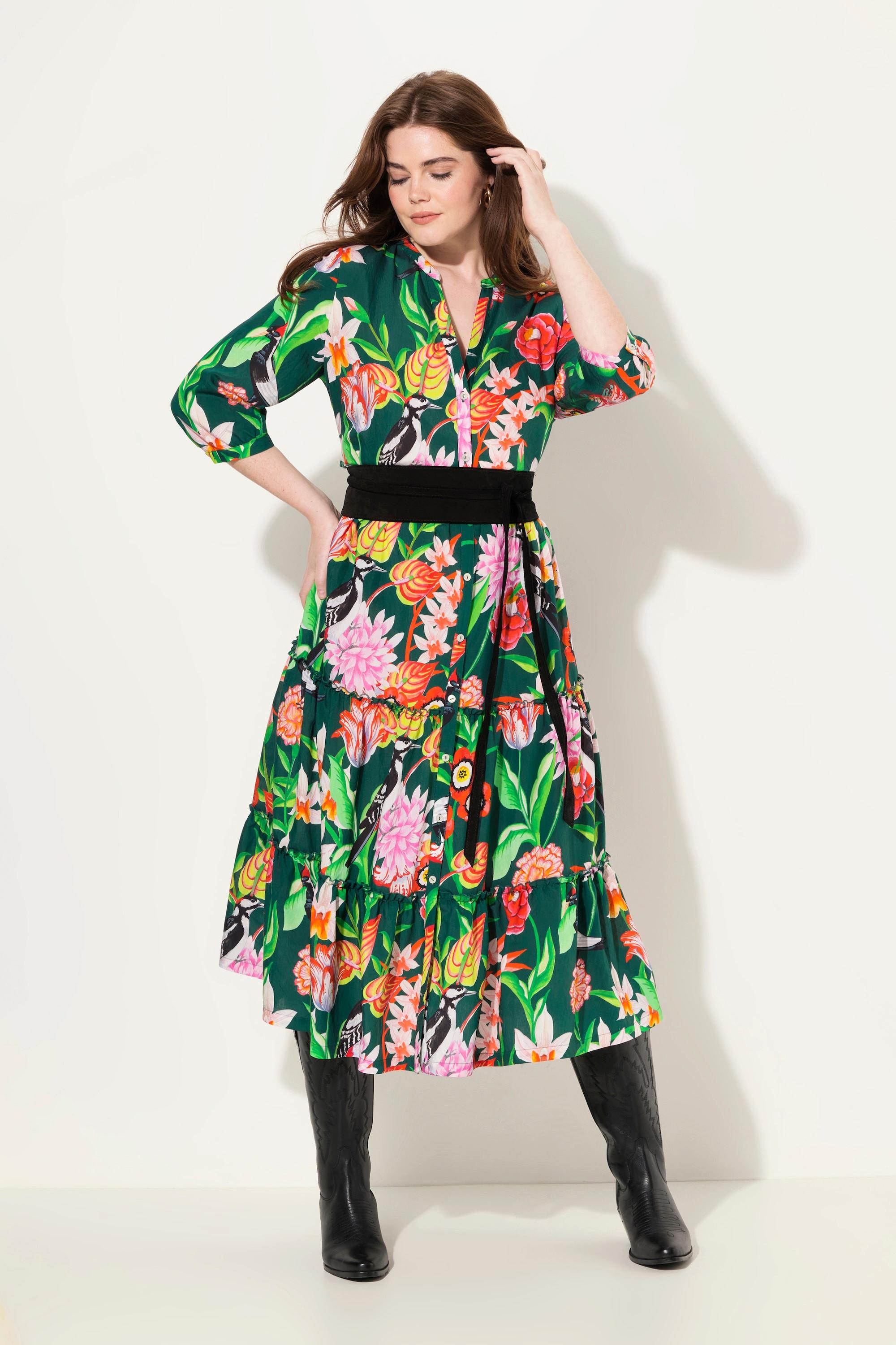 Ulla Popken Maxikleid Stehkragen V-Ausschnitt 3/4-Arm Floral
