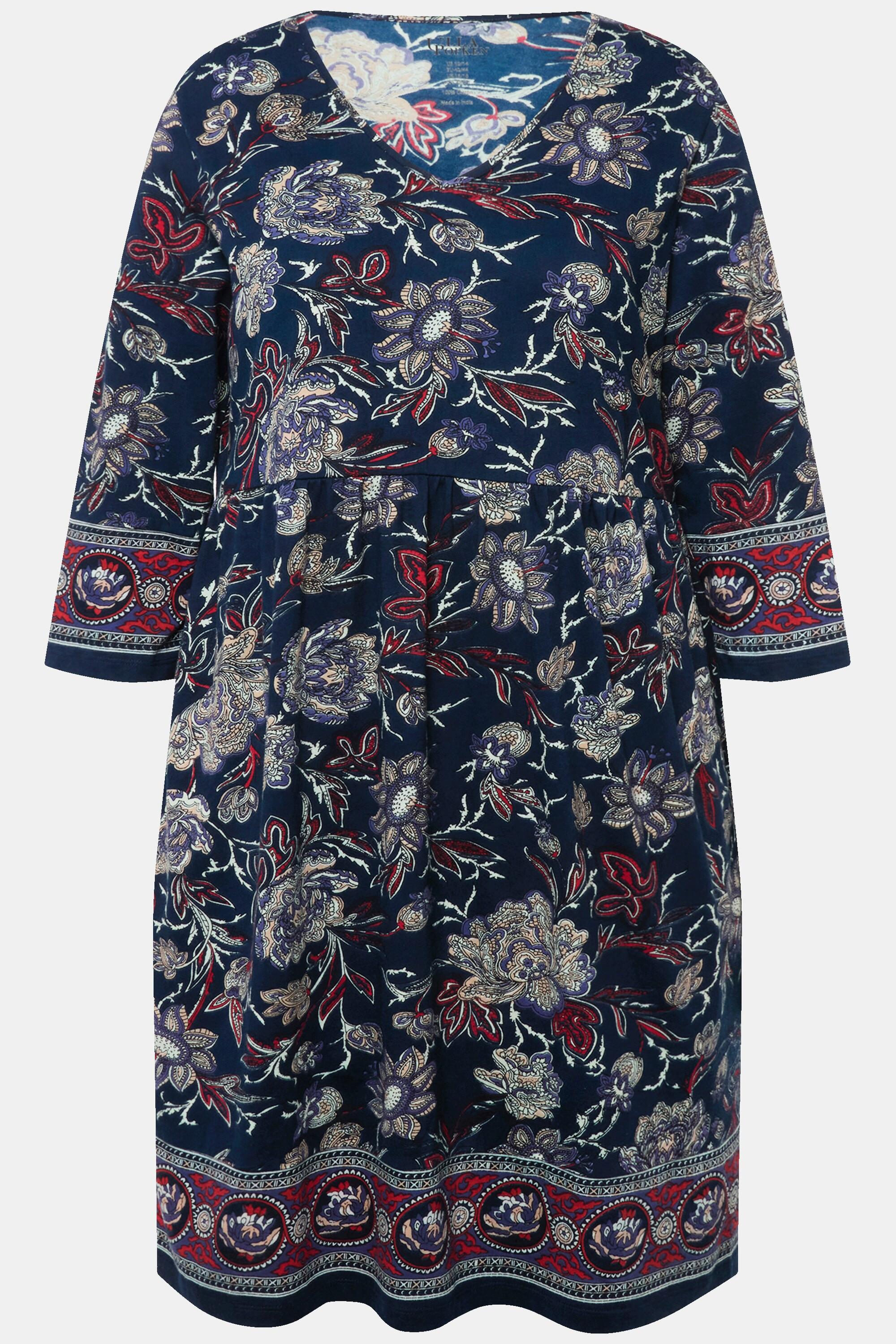 Ulla Popken Jerseykleid Blüten A-Linie V-Ausschnitt 3/4-Arm