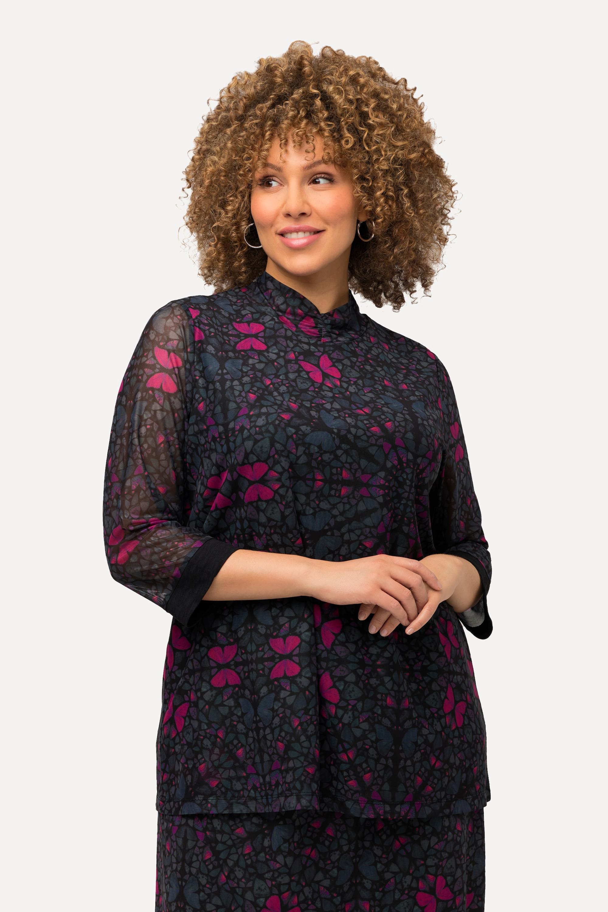 Ulla Popken Mesh A-Linie doppellagiges Stehkragen 3/4-Arm Shirt