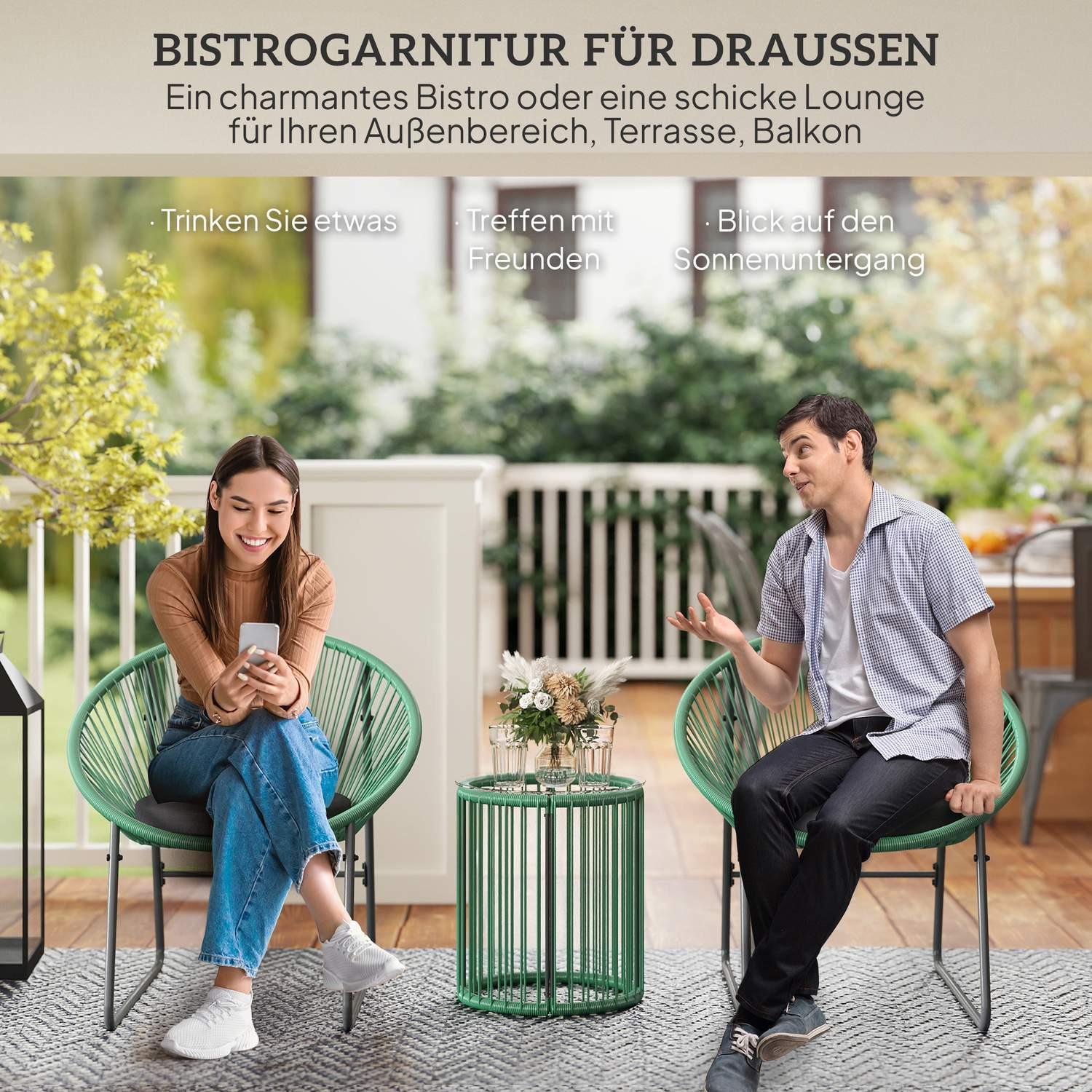 Northio Polyrattan Gartenmöbel Set, Outdoor Lounge Balkonmöbel für 2 Personen, 3-teilig Sitzgruppe mit 2 Stühle, Beistelltisch, Kissen, wetterfest Gartenlounge für Garten, Terrasse Balkon, Grün