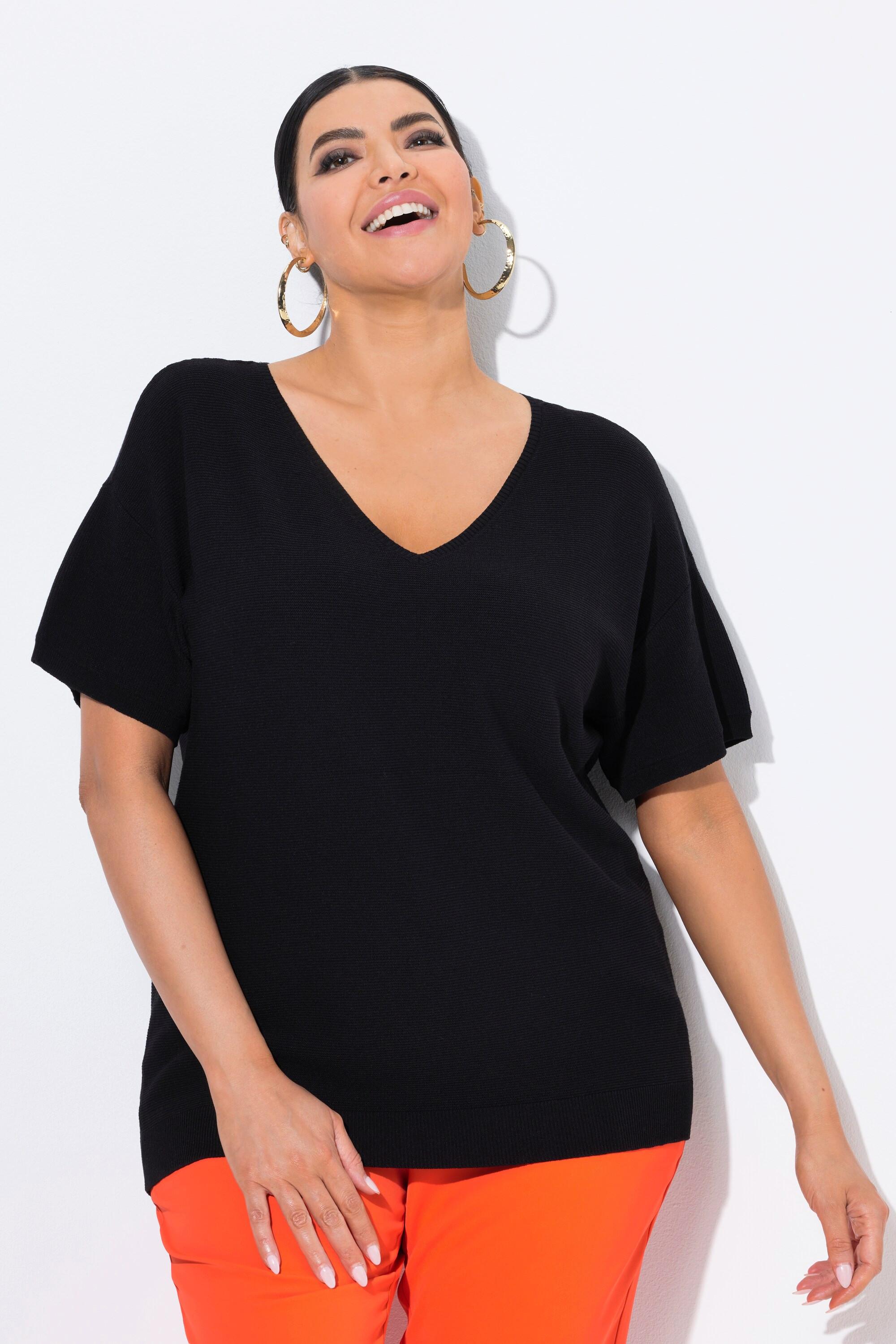 Ulla Popken Pullover, Rippstruktur, V-Ausschnitt, Halbarm