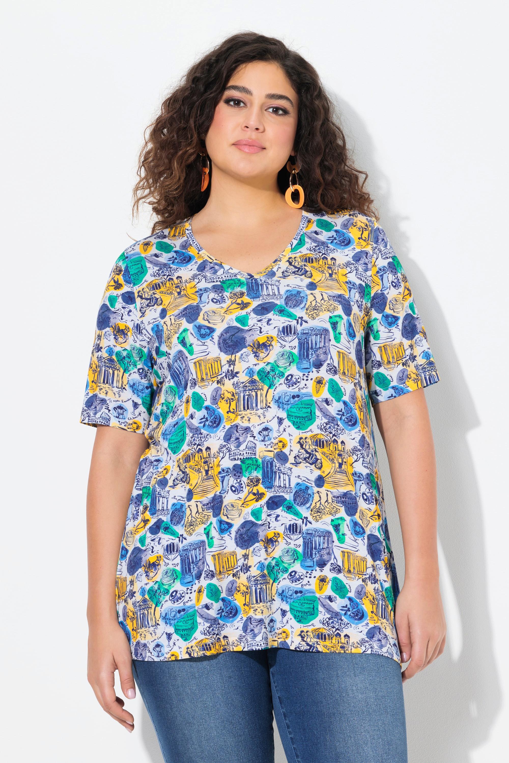 Ulla Popken Urlaubsmotive A-Linie V-Ausschnitt Halbarm T-Shirt