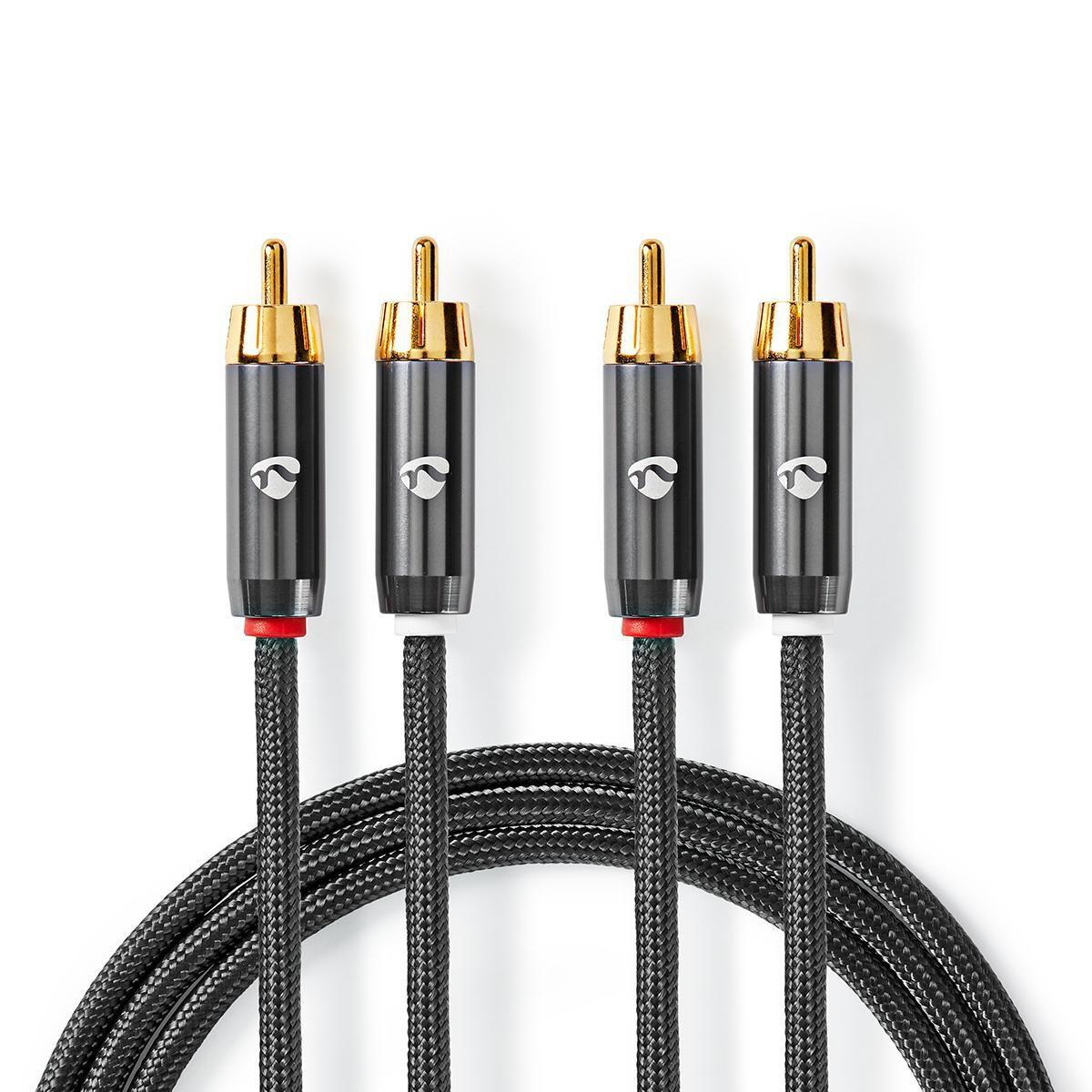 Nedis Stereo-Audiokabel | 2x RCA-Stecker | 2x RCA-Stecker | Vergoldet | 2,00 m | Rund | Grau / Grau mit Metall | Karton mit Sichtfenster