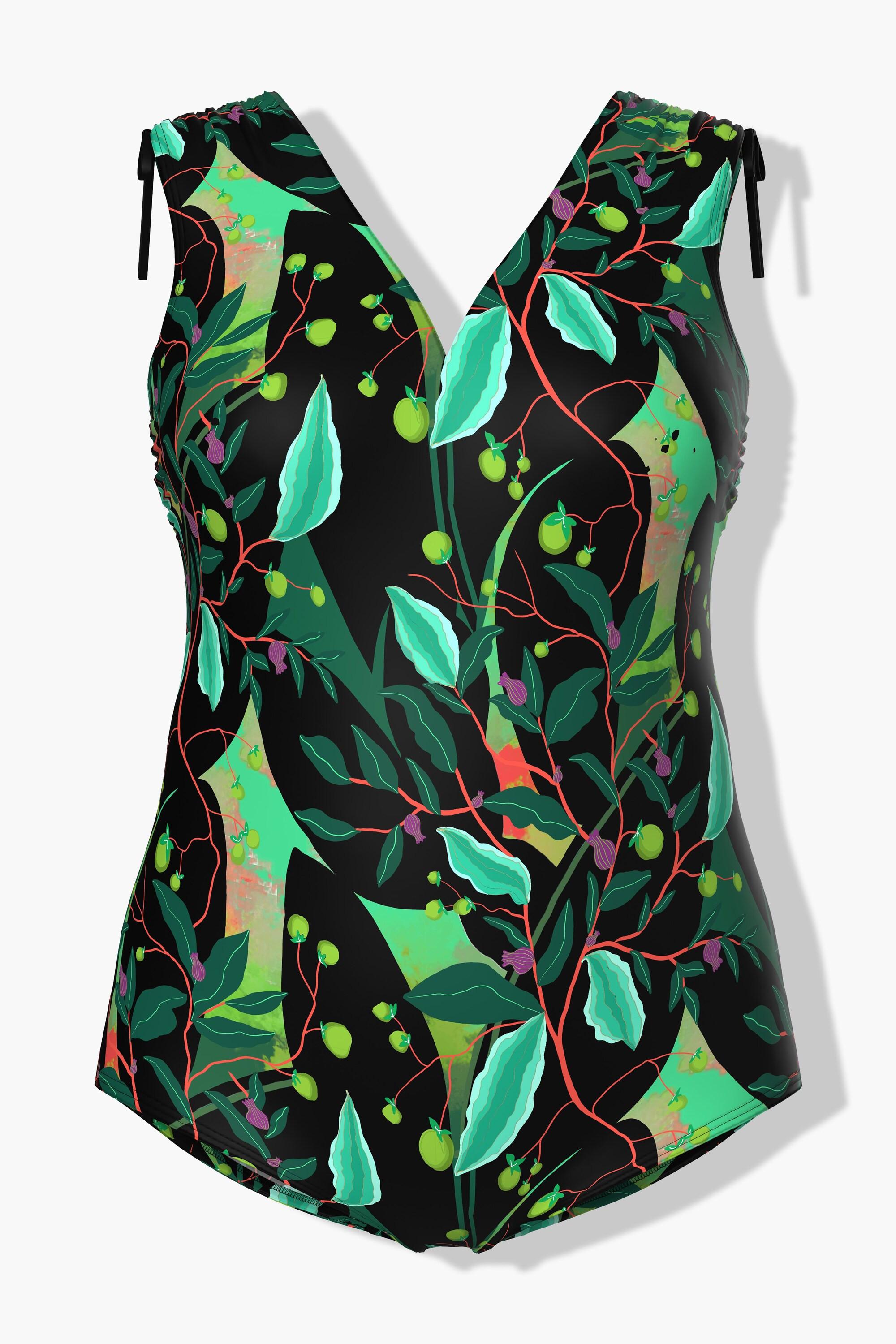 Ulla Popken Badeanzug, Blätter, geraffte Schulter, Softcups