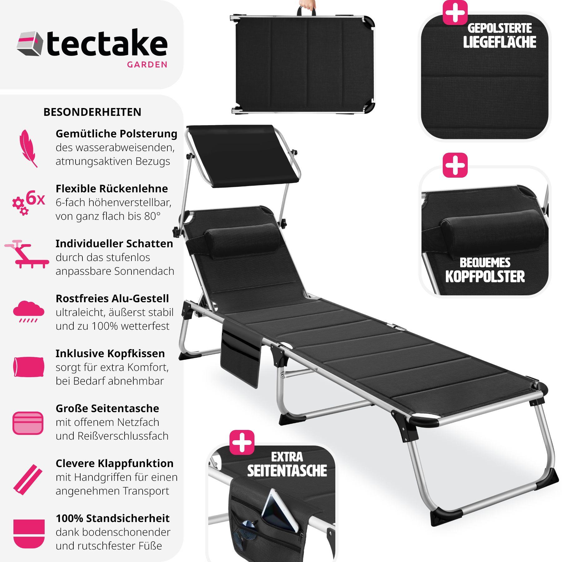 Tectake Sonnenliege mit Aluminiumgestell, stufenlos verstellbares Sonnendach