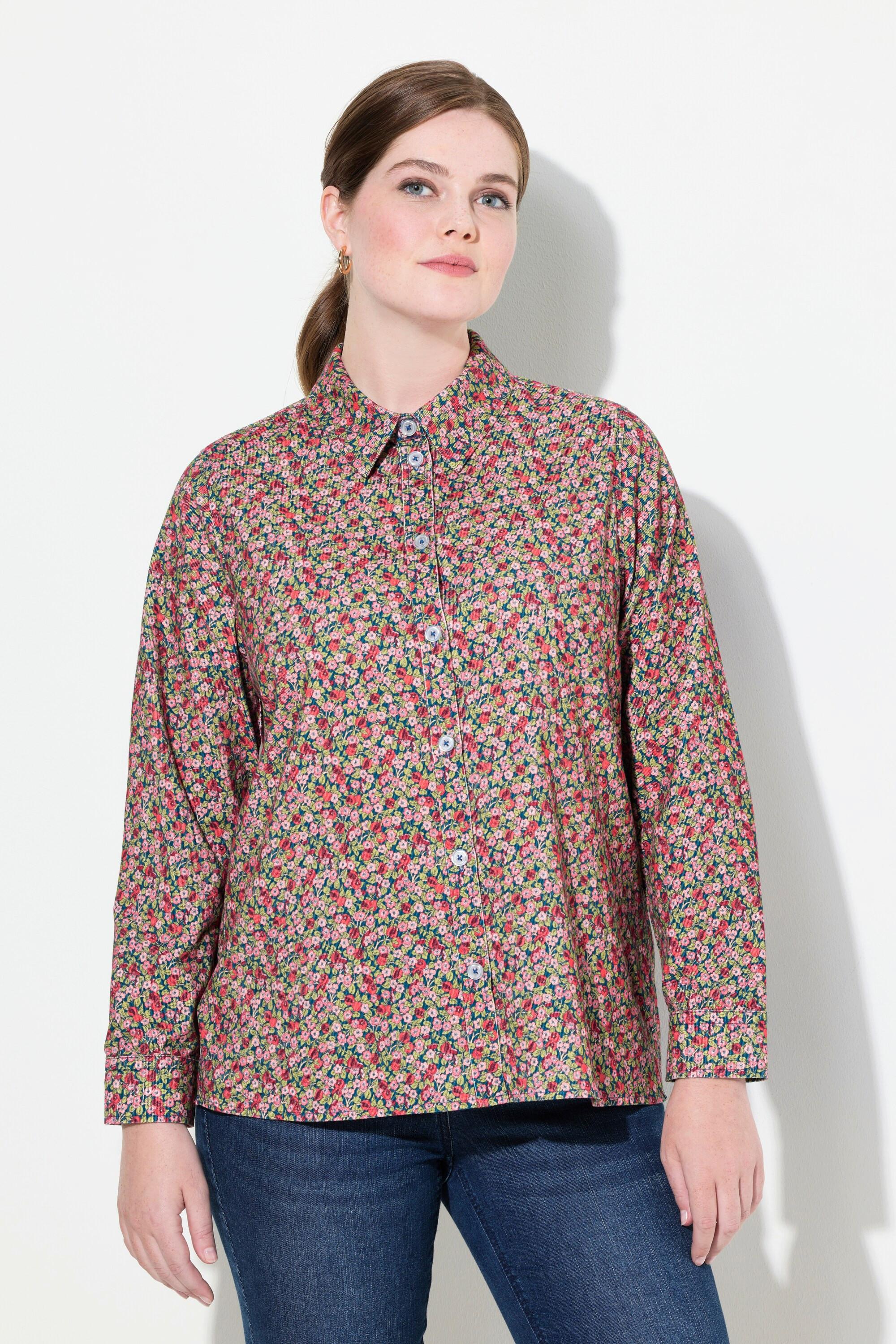 Ulla Popken Cordbluse mit floralem Druck und Hemdkragen