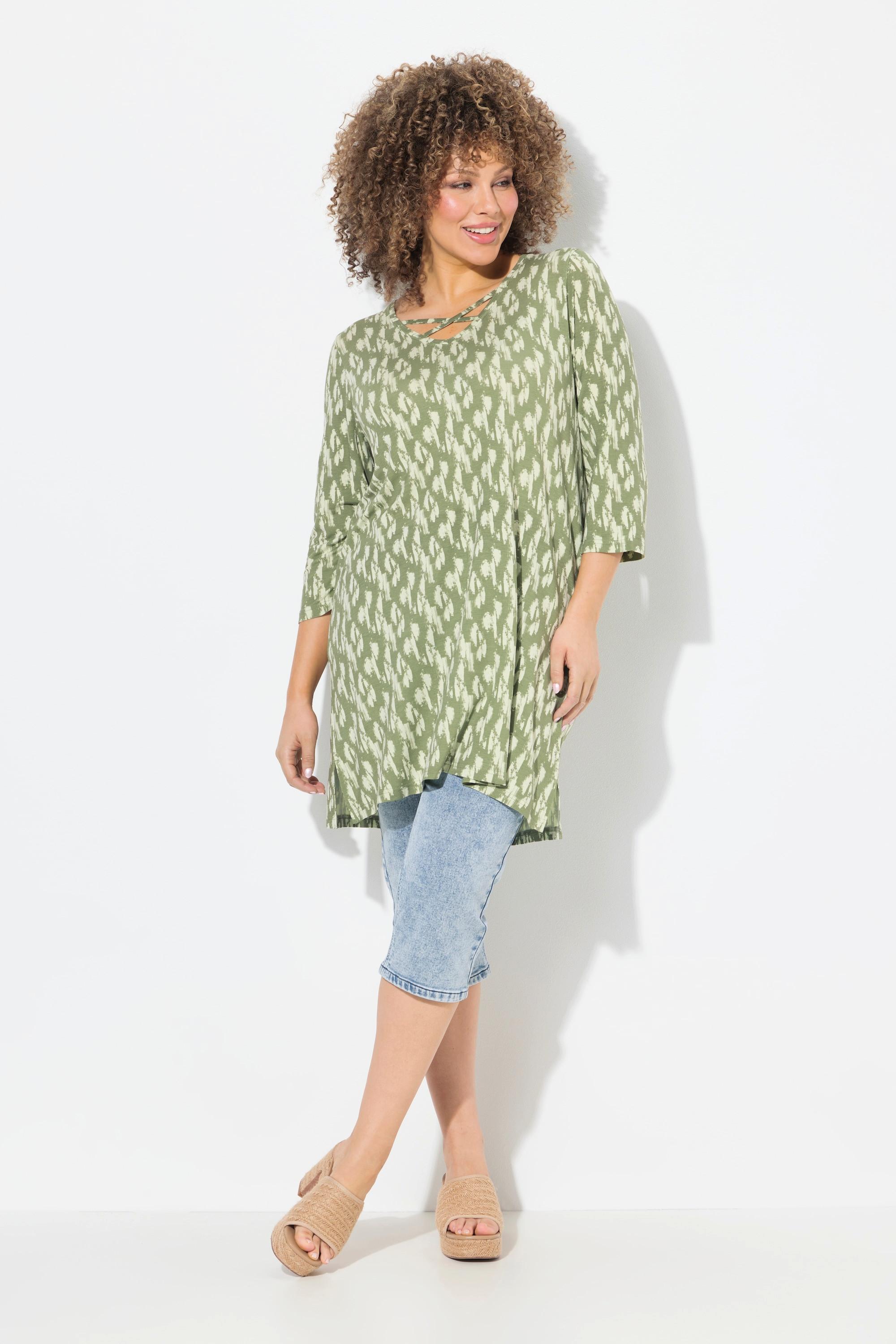 Ulla Popken Longshirt A-Linie Zierbänder V-Ausschnitt 3/4-Arm