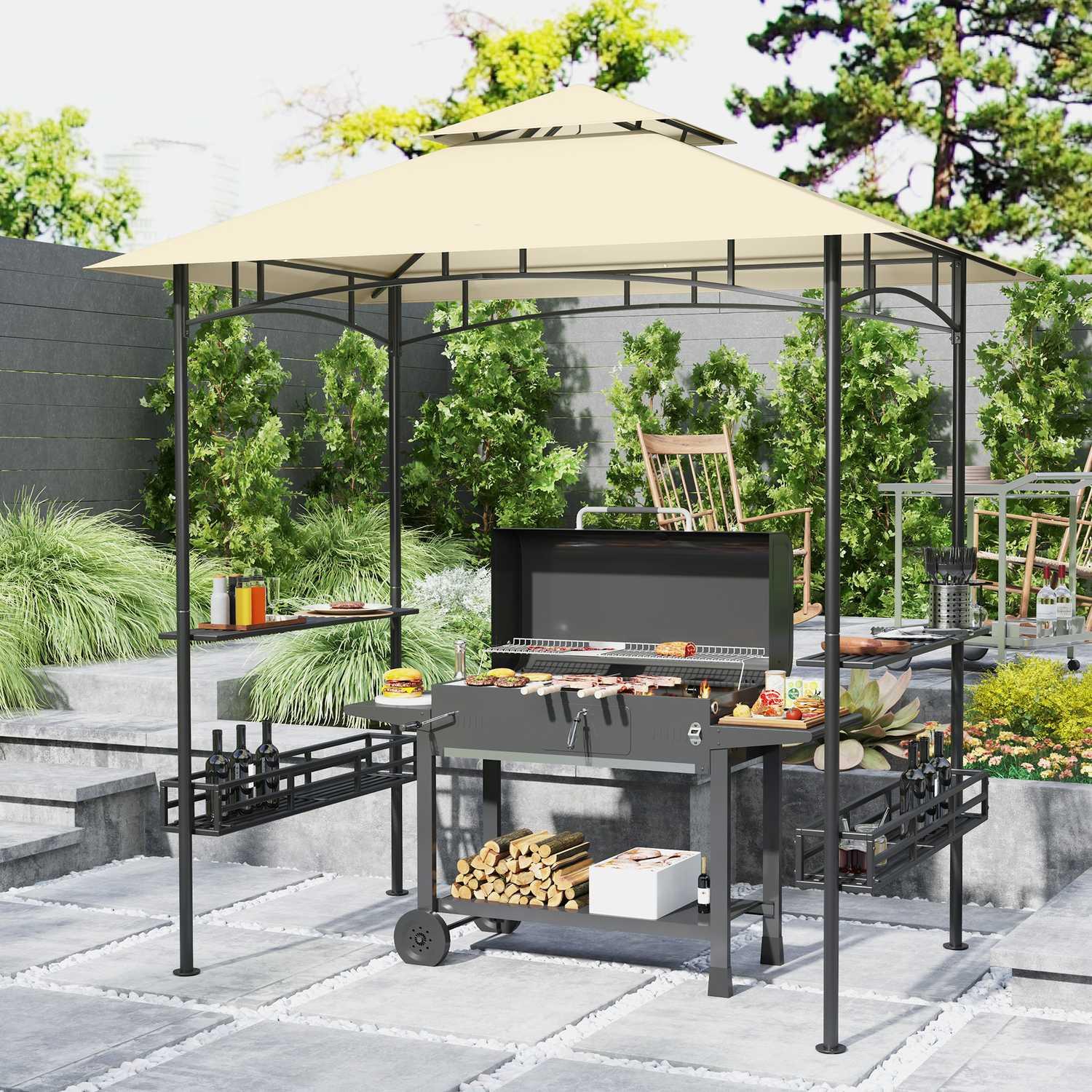 Northio Grillpavillon 240 x 150 x 257 cm wasserdicht flammhemmend Gartenpavillon mit Doppeldach, Seitenregalen, Gartenlauben mit UV-Schutz, BBQ Pavillon aus Stahl, Grillzelt für Party BBQ, Beige Aosom