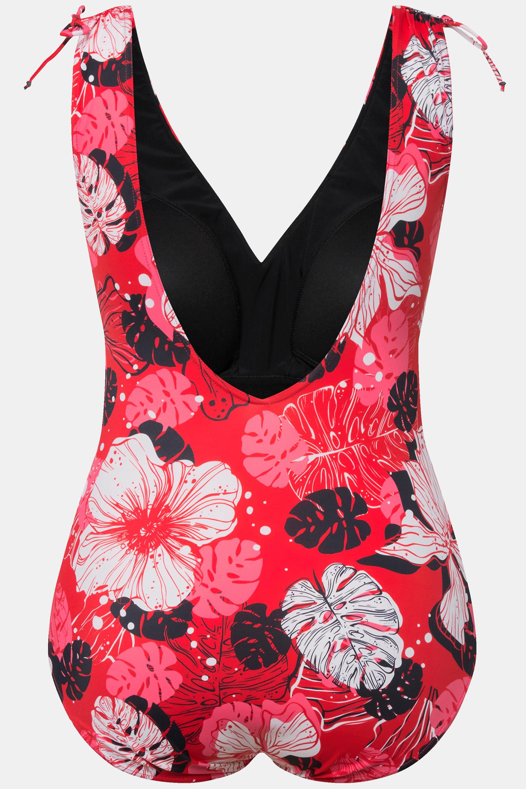 Ulla Popken Badeanzug, Hawaiiblüten, Softcups, V-Ausschnitt