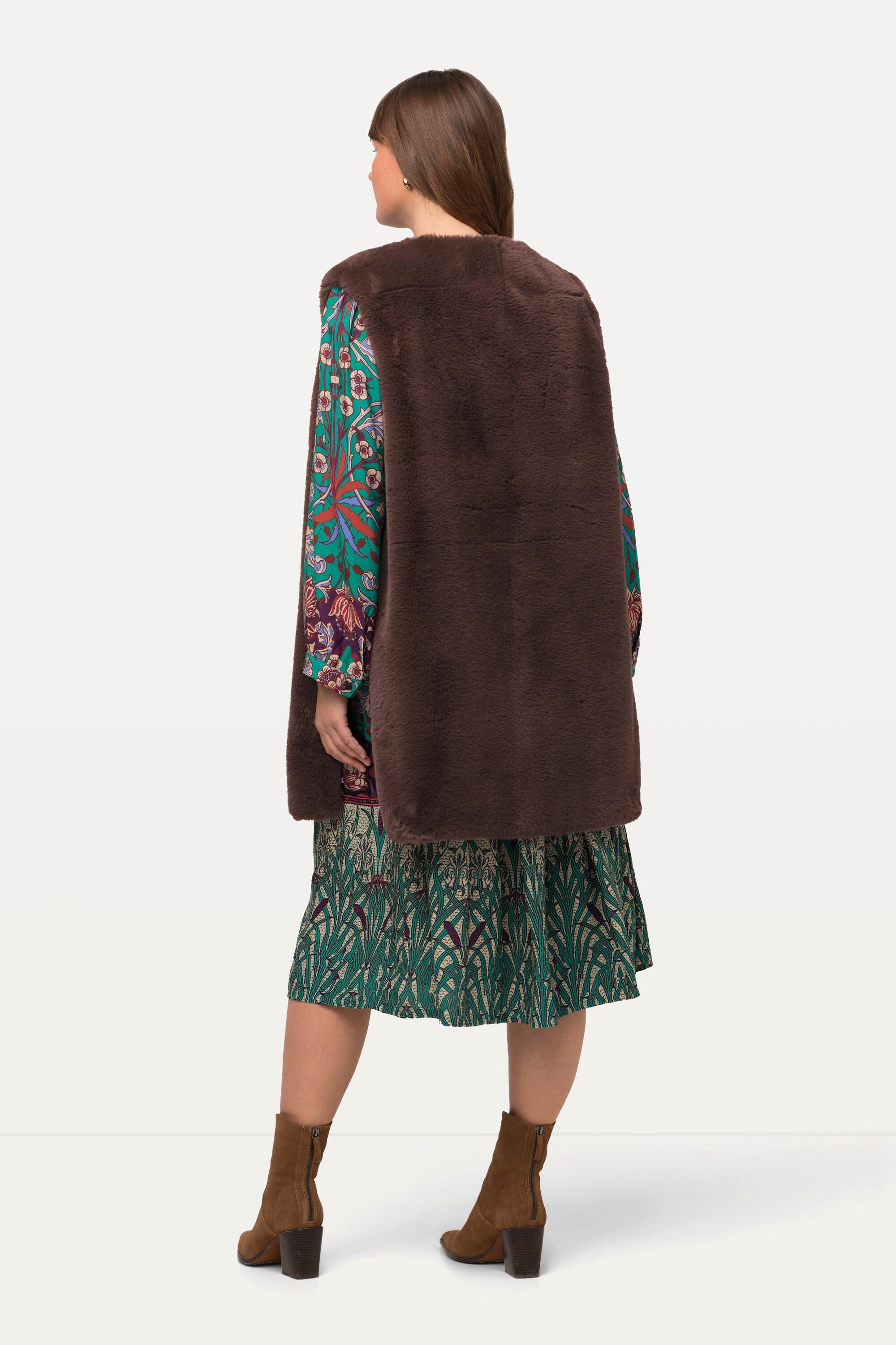 Ulla Popken Webpelz-Weste, V-Ausschnitt, Hakenverschluss, ärmellos