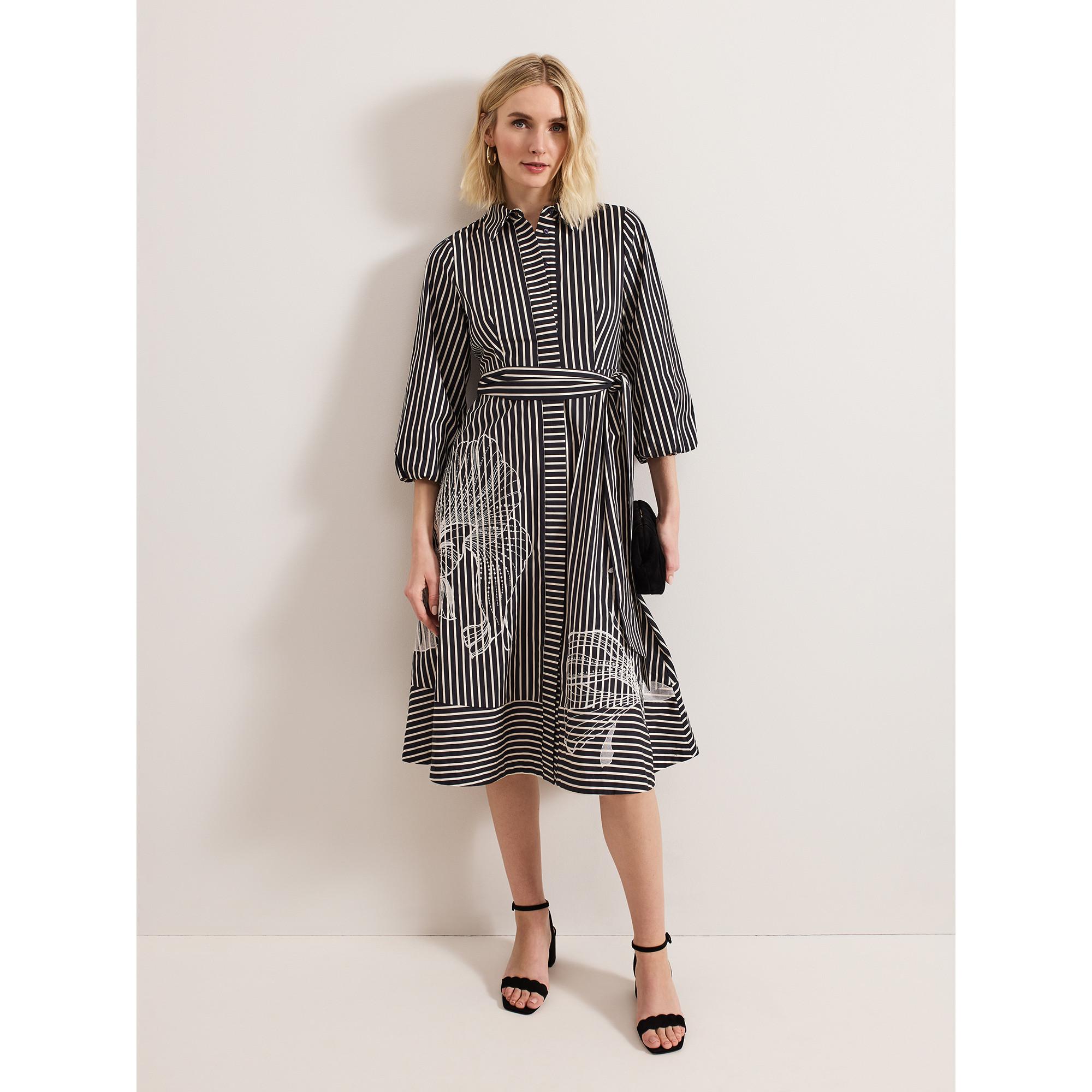 Phase Eight Corina Gestreiftes Midi Hemdblusenkleid mit Puffärmeln