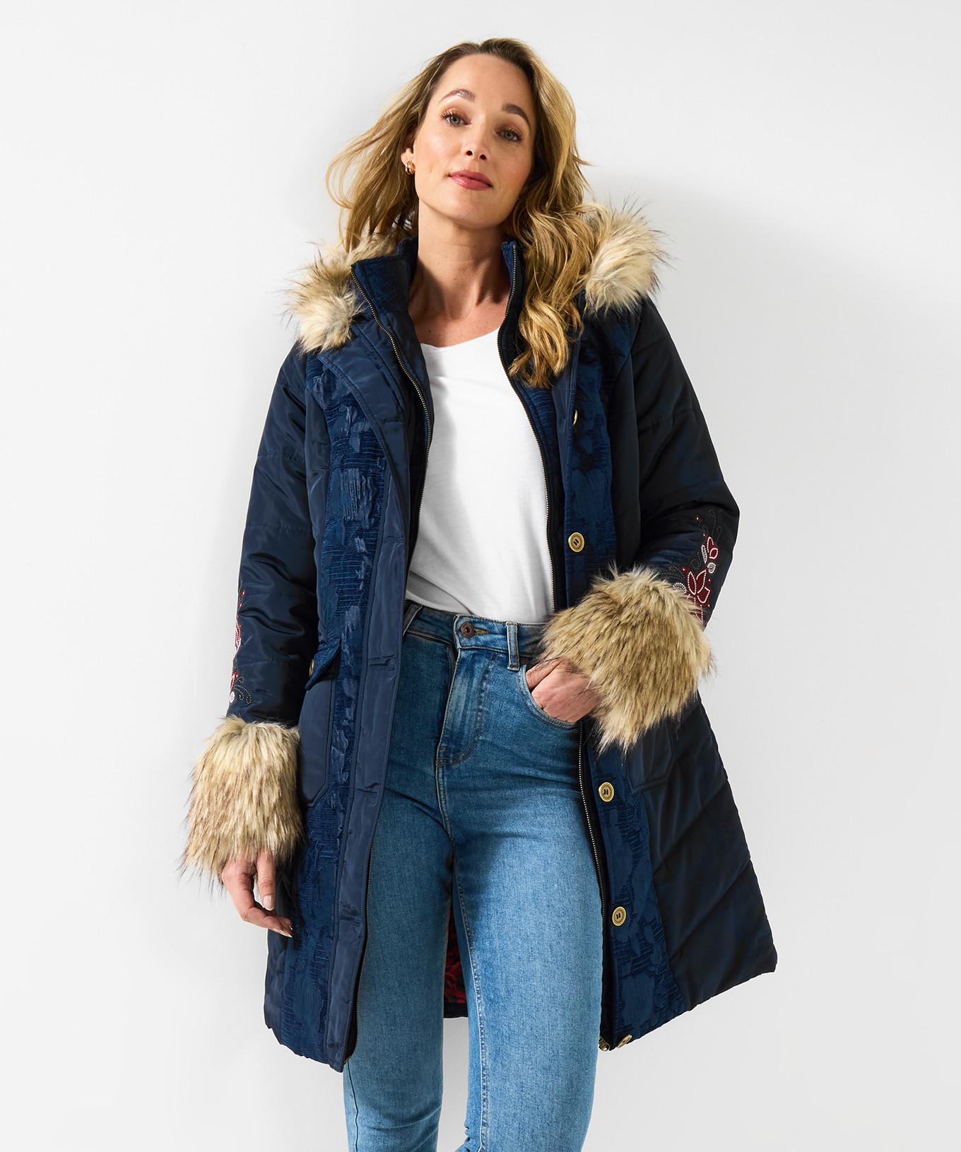 Joe Browns Marineblauer Parka mit Jacquard-Einsätzen und Kunstfell
