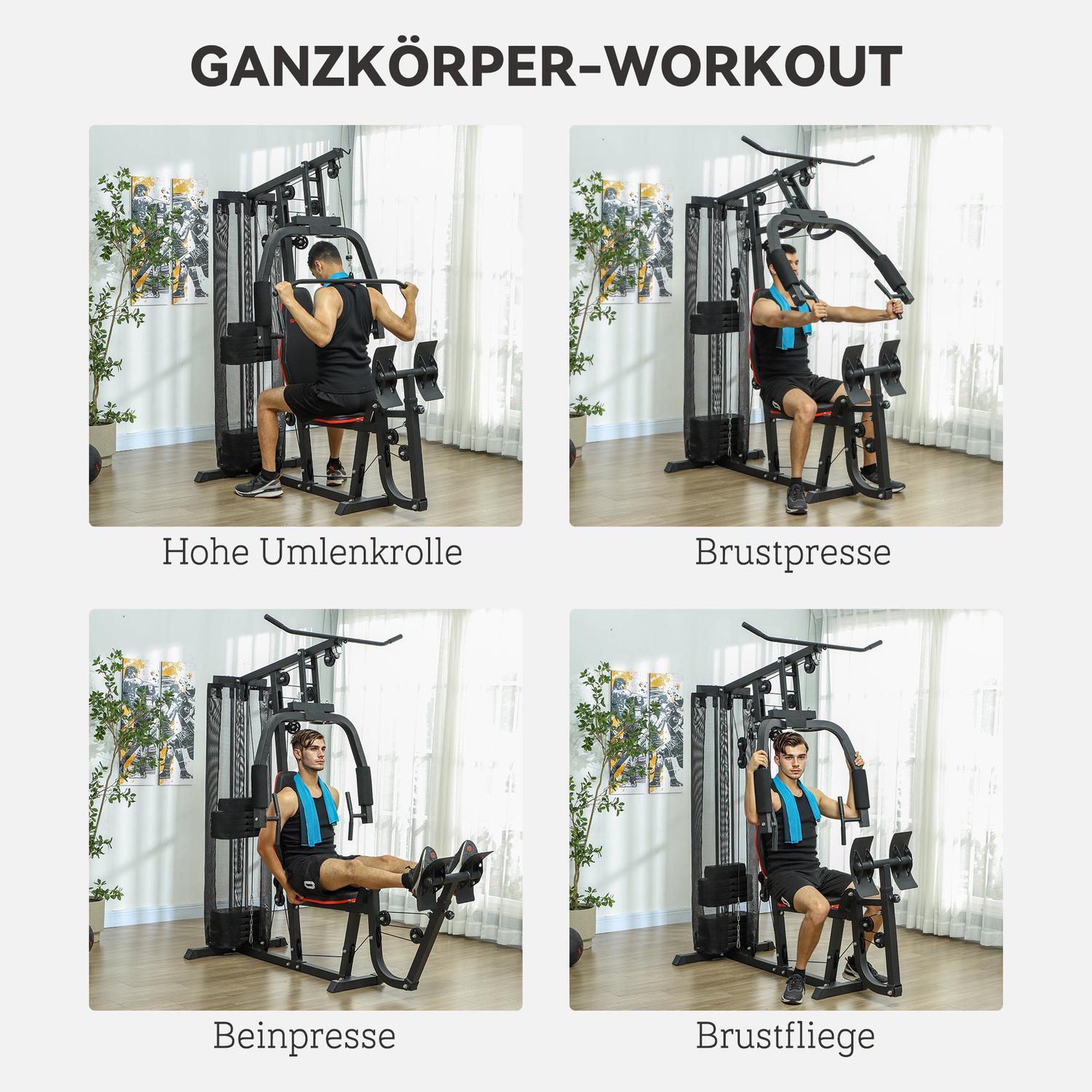Northio Kraftstation, Multifunktionale Fitnessstation mit Latzug- & Butterflystange, Beinpresse, Fitnessgerät mit 45 kg Gewichtsblöcken für Zuhause, Schwarz
