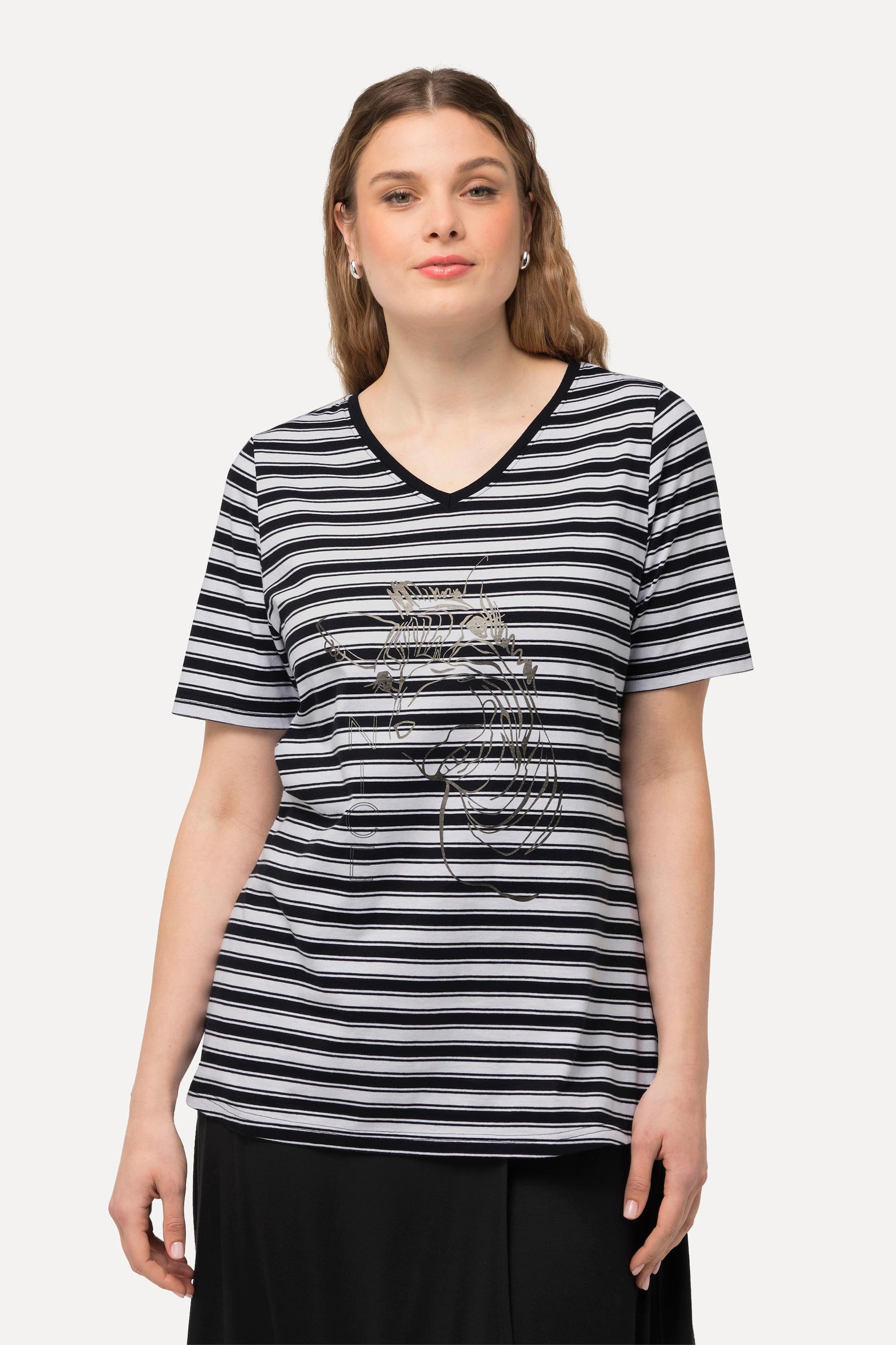 Ulla Popken Ringel Metallic Tiermotiv V-Ausschnitt Halbarm T-Shirt