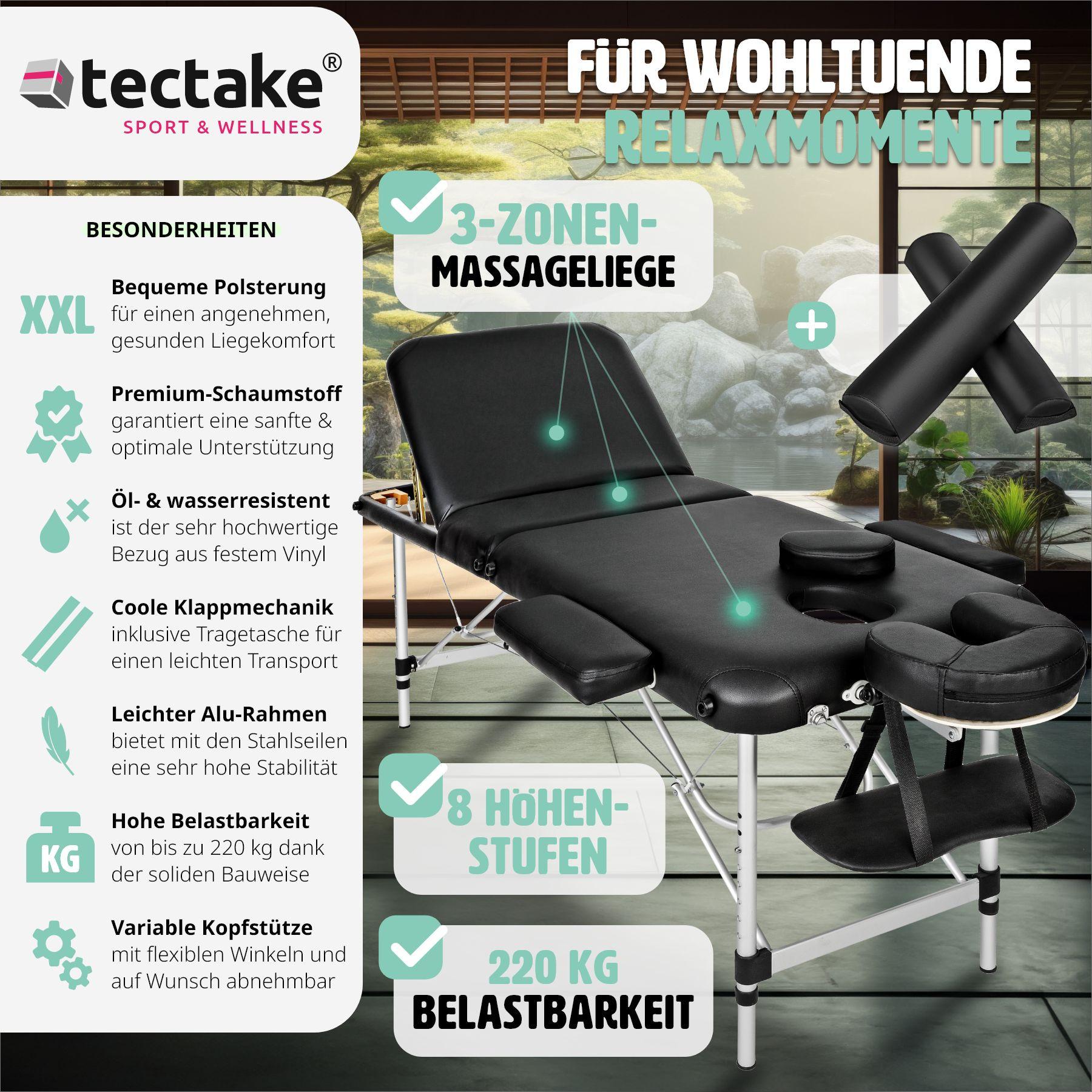 Tectake 3 Zonen Massageliege mit 5cm Polsterung, Rollen und Aluminiumgestell