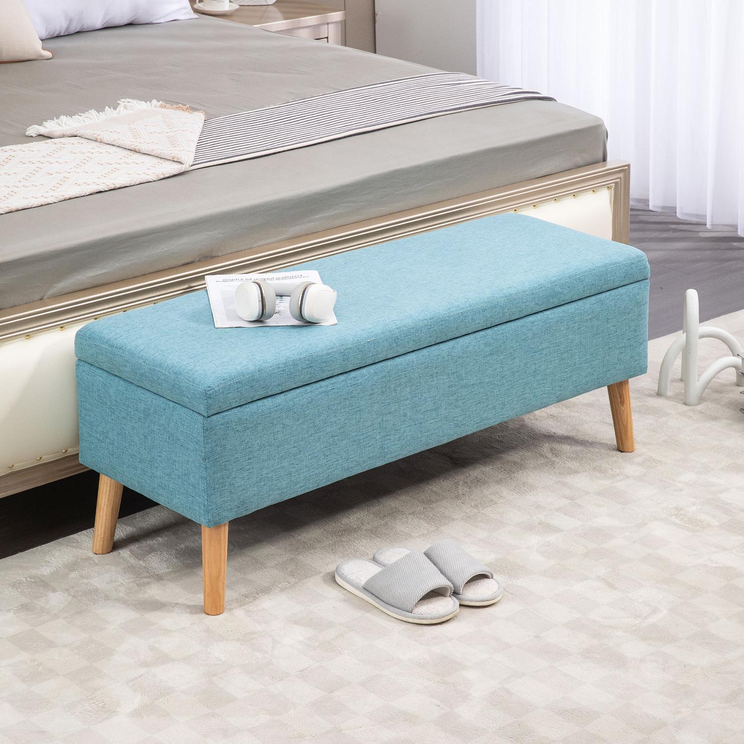 Northio Sitzbank Polsterbank mit Stauraum Bettbank mit Leinenoptik für Flur Schlafzimmer Wohnzimmer Gummiholz Blau 110 x 39 x 45 cm
