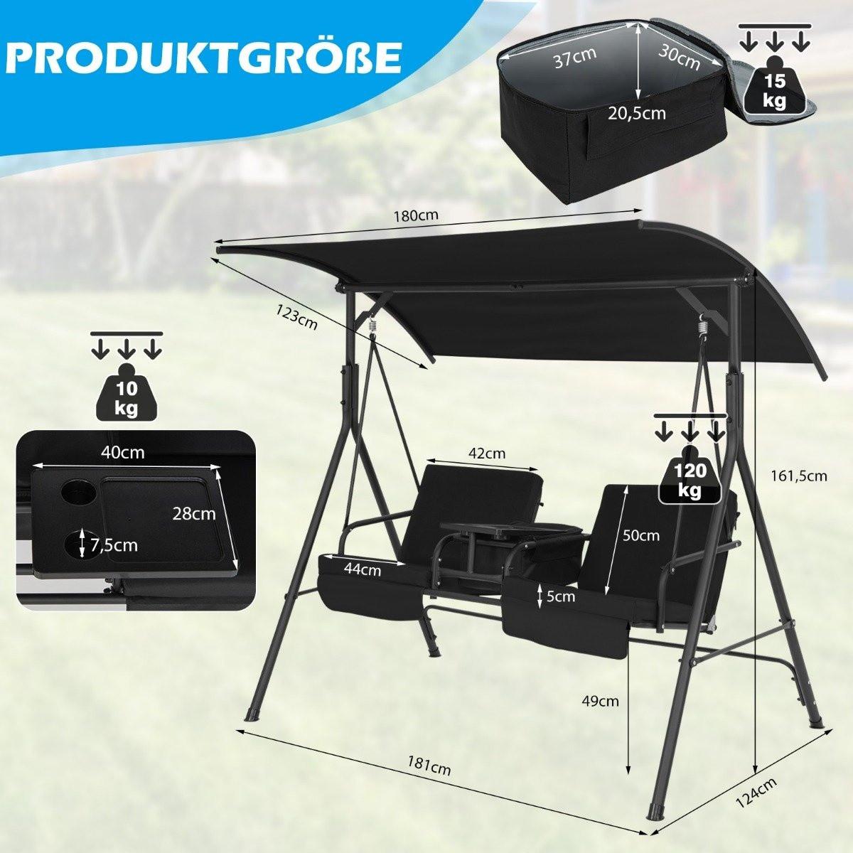 B2X Hollywoodschaukel mit Kühltasche 2-Sitzer Gartenschaukel mit verstellbarem Dach Schwarz 180 x 124 x 161,5 cm