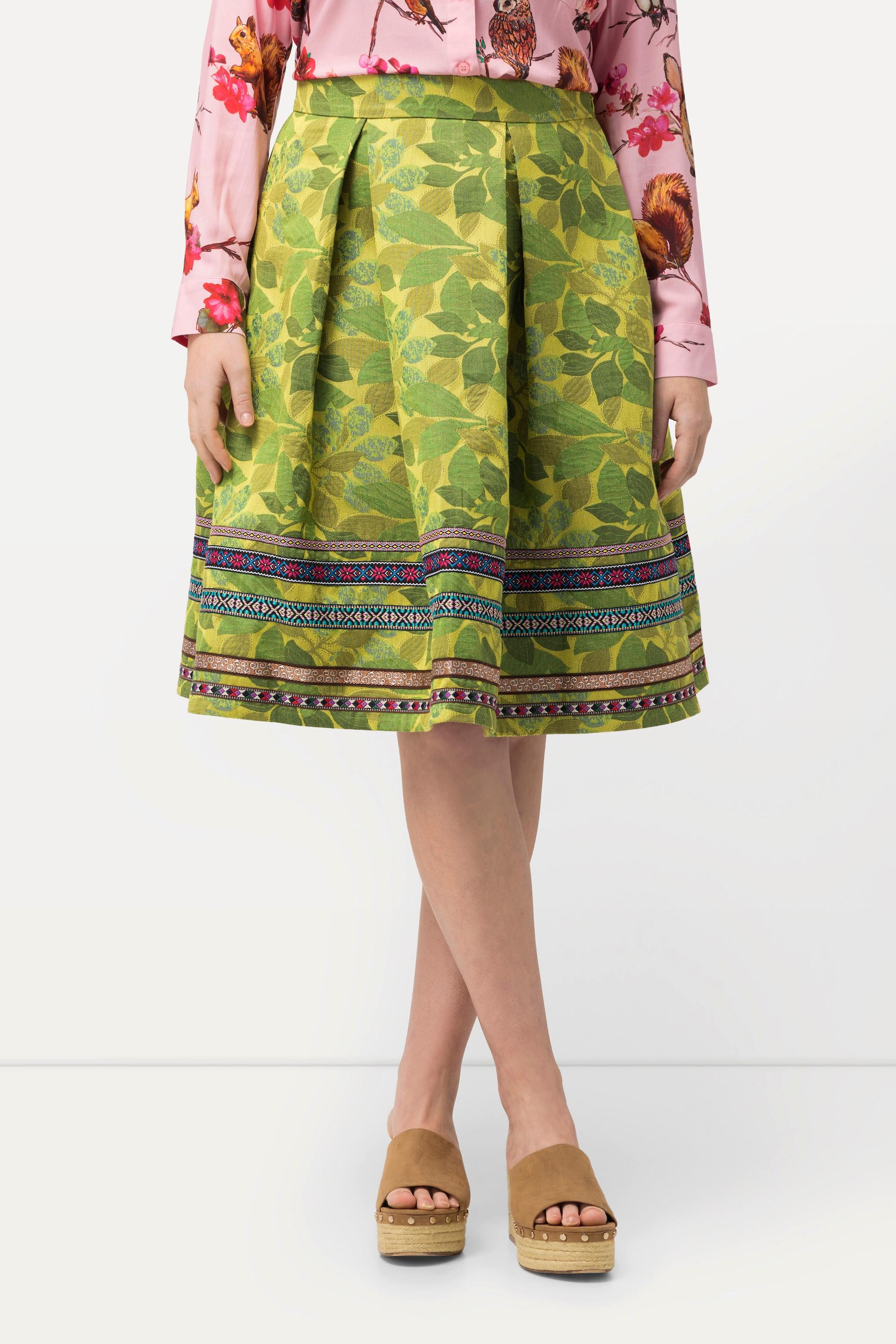 Ulla Popken Rock, A-Linie, Jacquard-Blütenmuster, Zierbänder