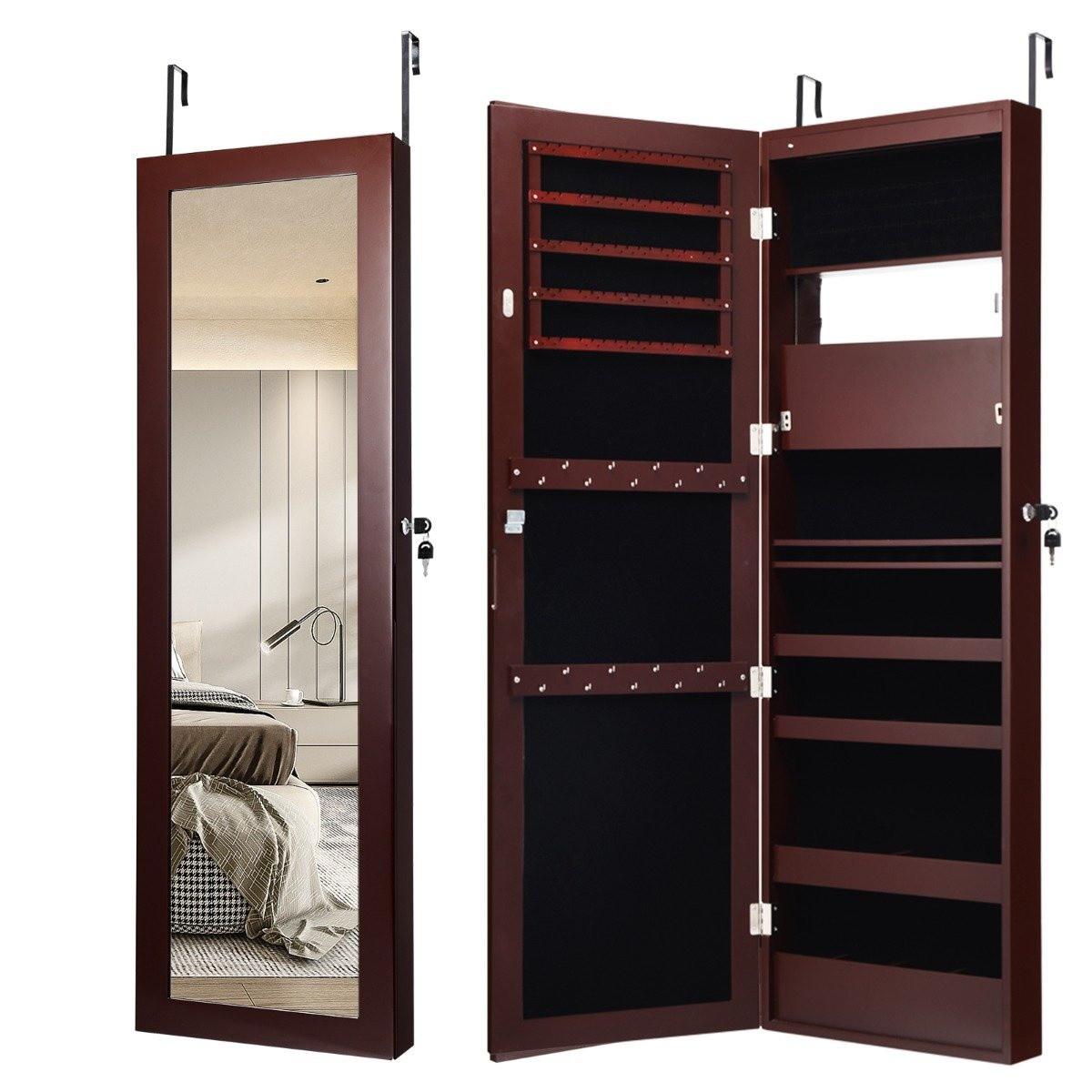 Northix Schmuckschrank mit Spiegel Kosmetikschrank mit ausgekleideten Ablagen Haken & Fächern Braun