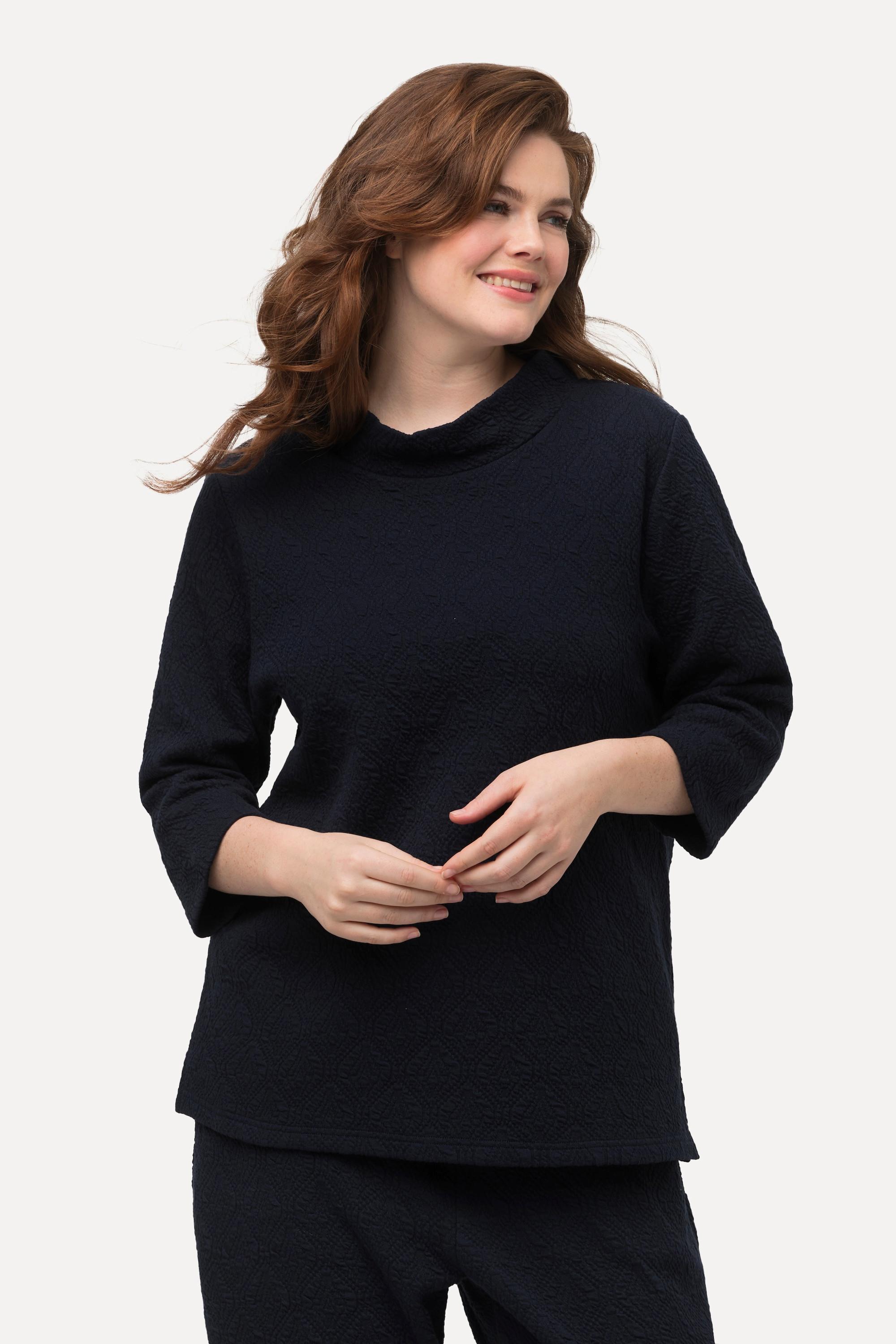 Ulla Popken Sweatshirt, Struktur, Stehkragen, 3/4-Arm, Biobaumwolle