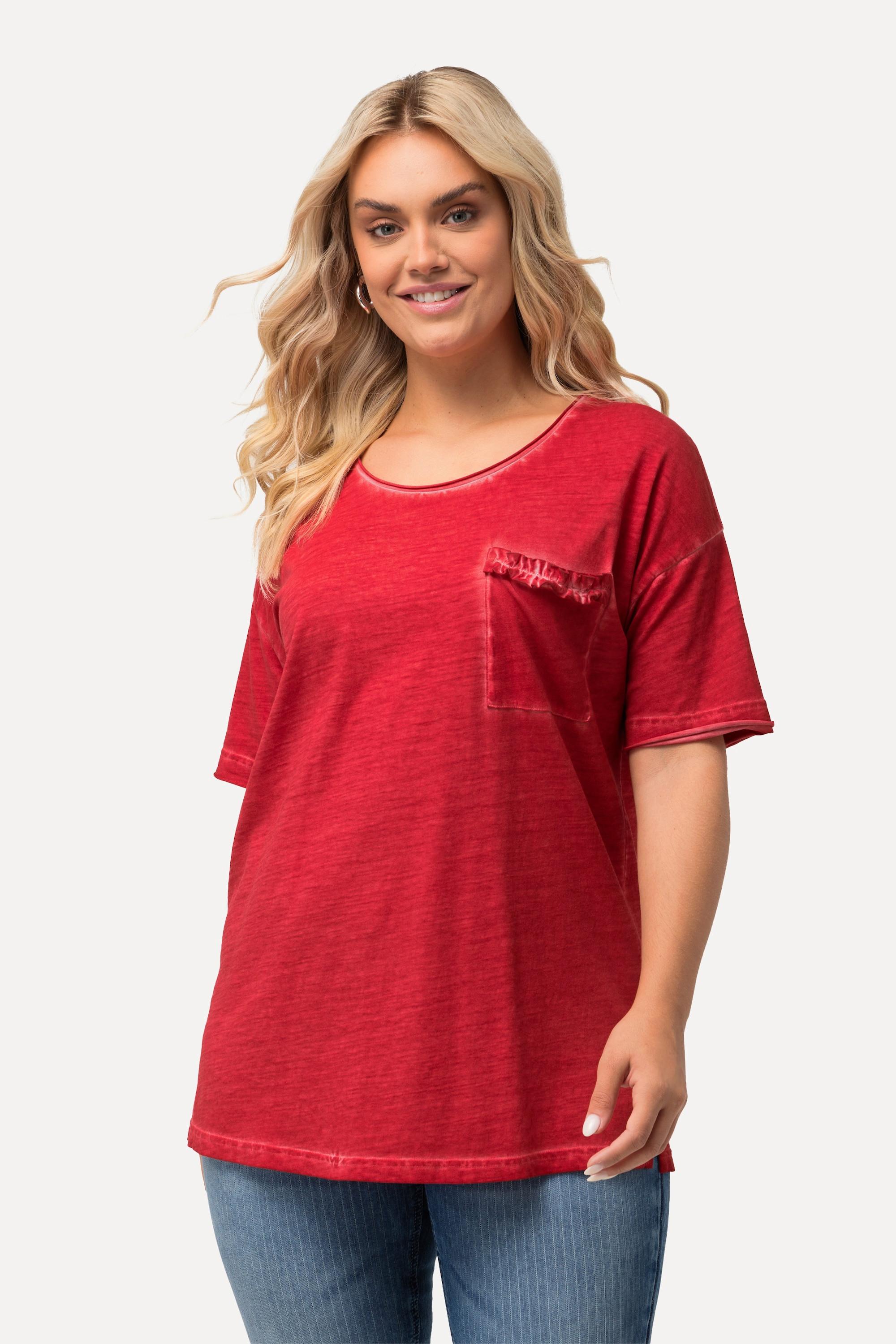Ulla Popken Oversized Halbarm T-Shirt mit Rüschen-Brusttasche