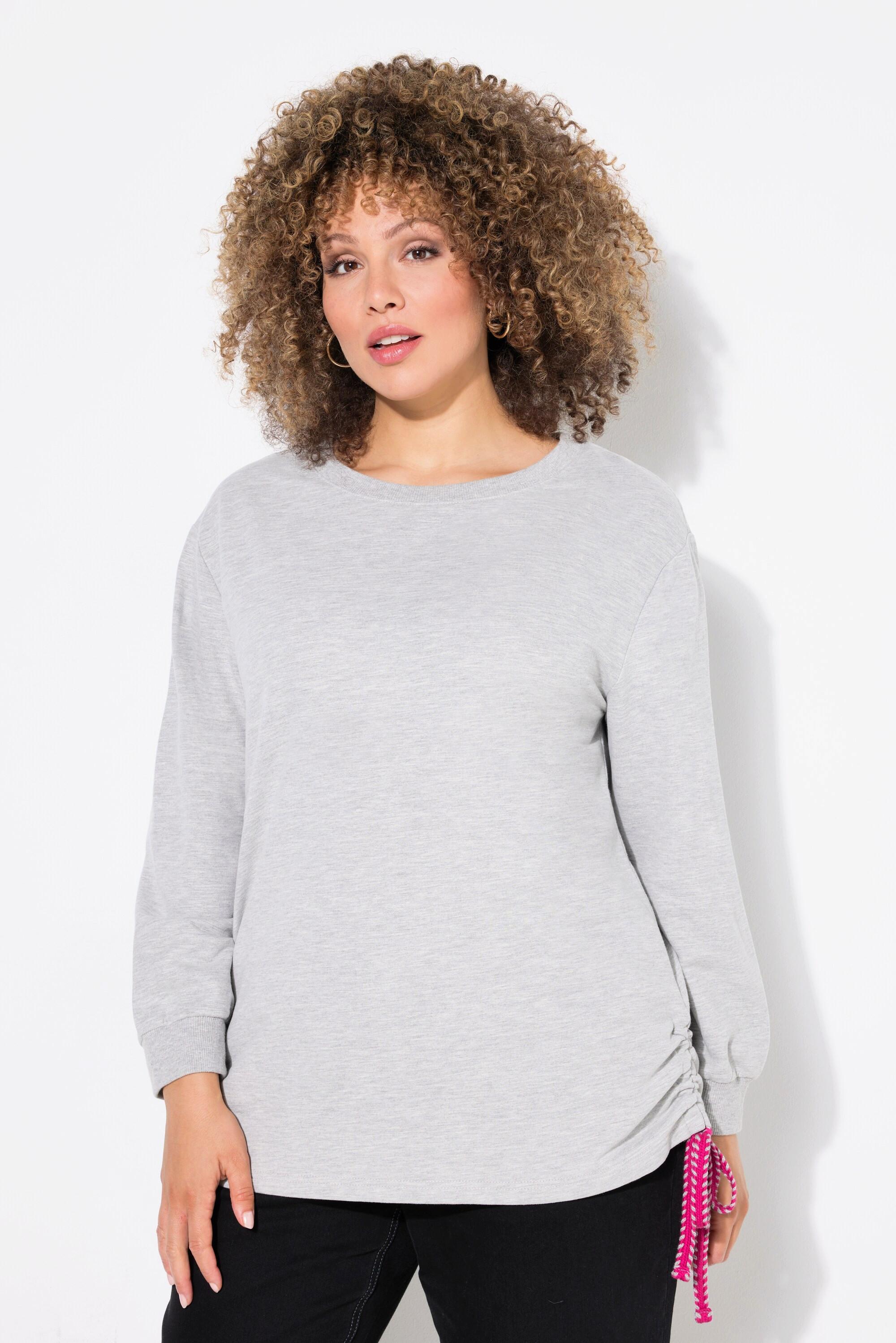 Ulla Popken Sweatshirt, seitliche Raffbänder, Rundhals, Langarm