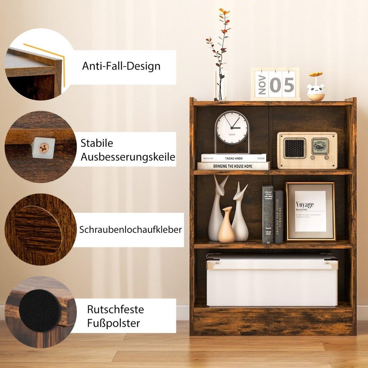 Northix 3-stöckiges Bücherregal offenes Ablageregal moderner Schrank 50 x 30 x 75 cm Braun