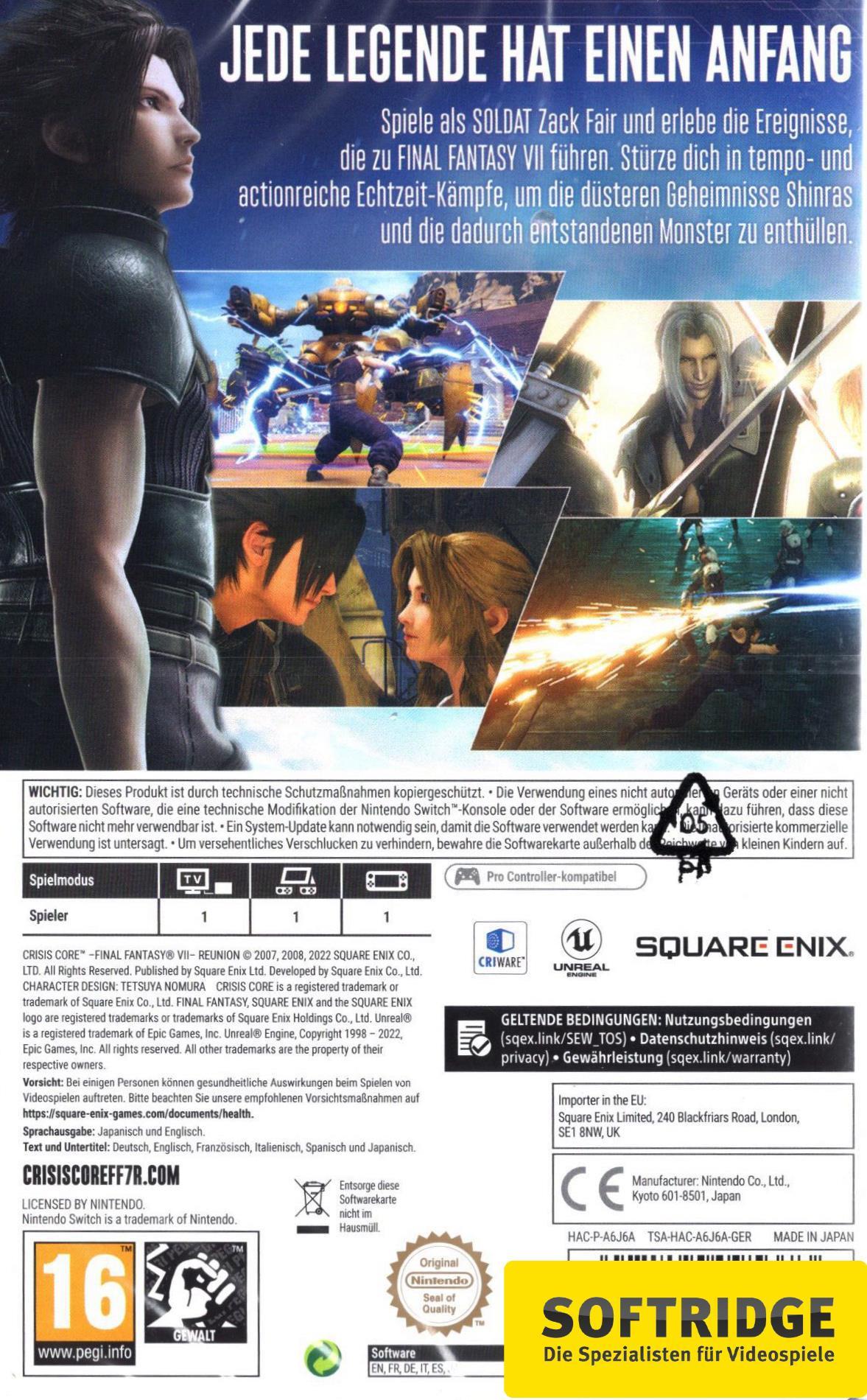 Square-Enix Switch Crisis Core Final Fantasy VII Reunion